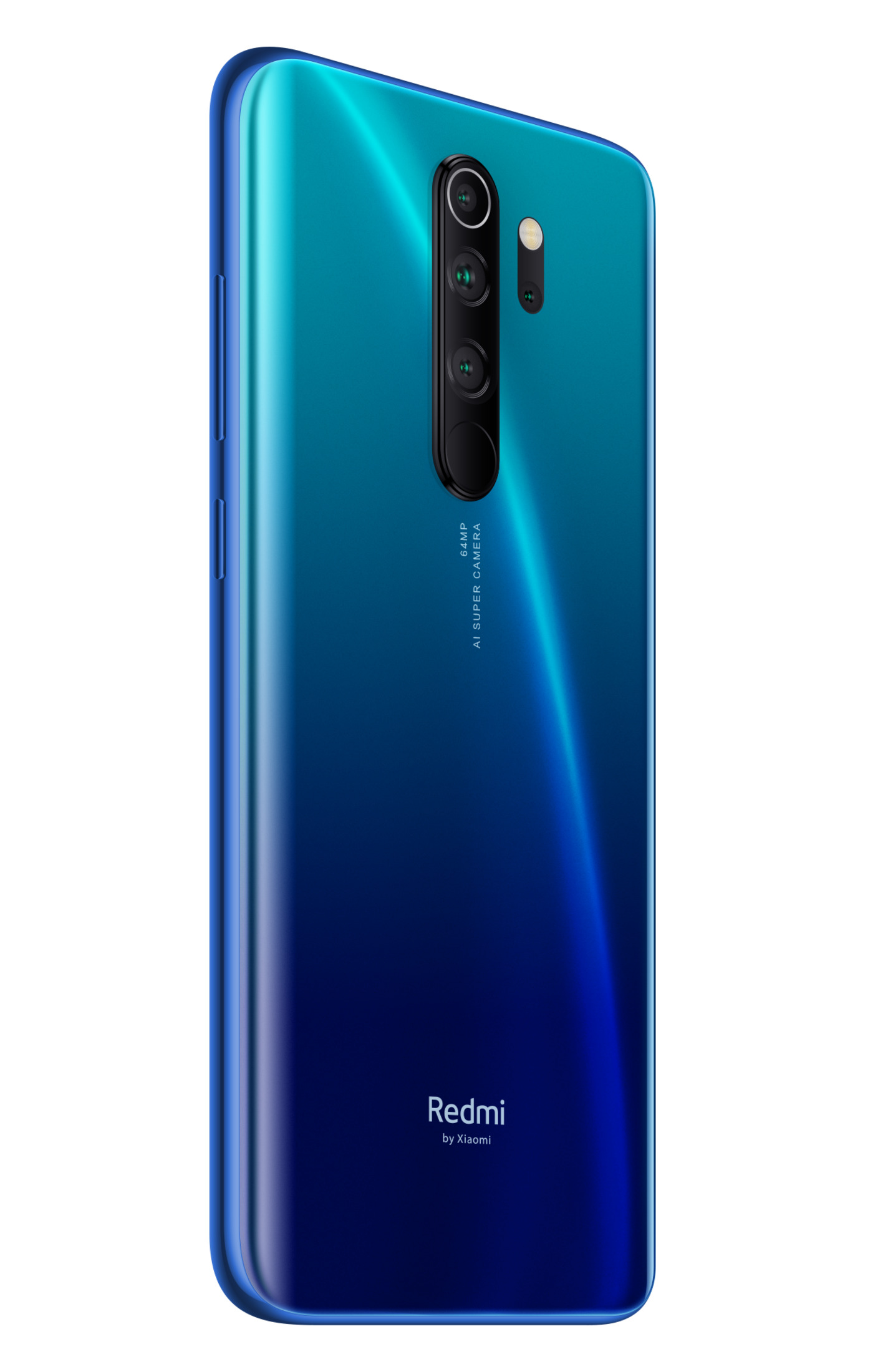 Ein blaues Gradienten-Telefon mit Dreifachkamera auf der Rückseite, auf weißem Hintergrund.