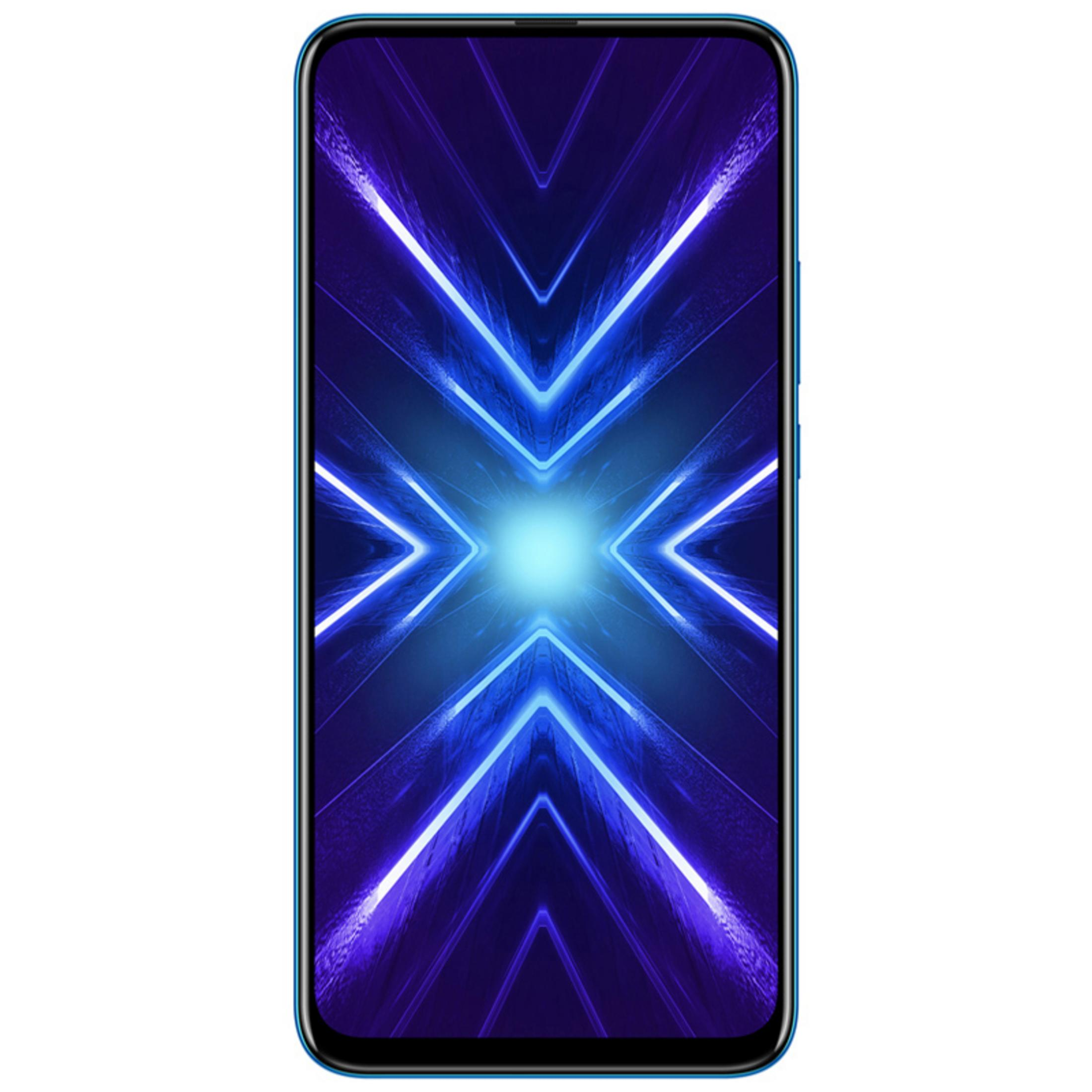 Blaues Smartphone mit hellem blau-lila geometrischen Design auf dem Bildschirm.