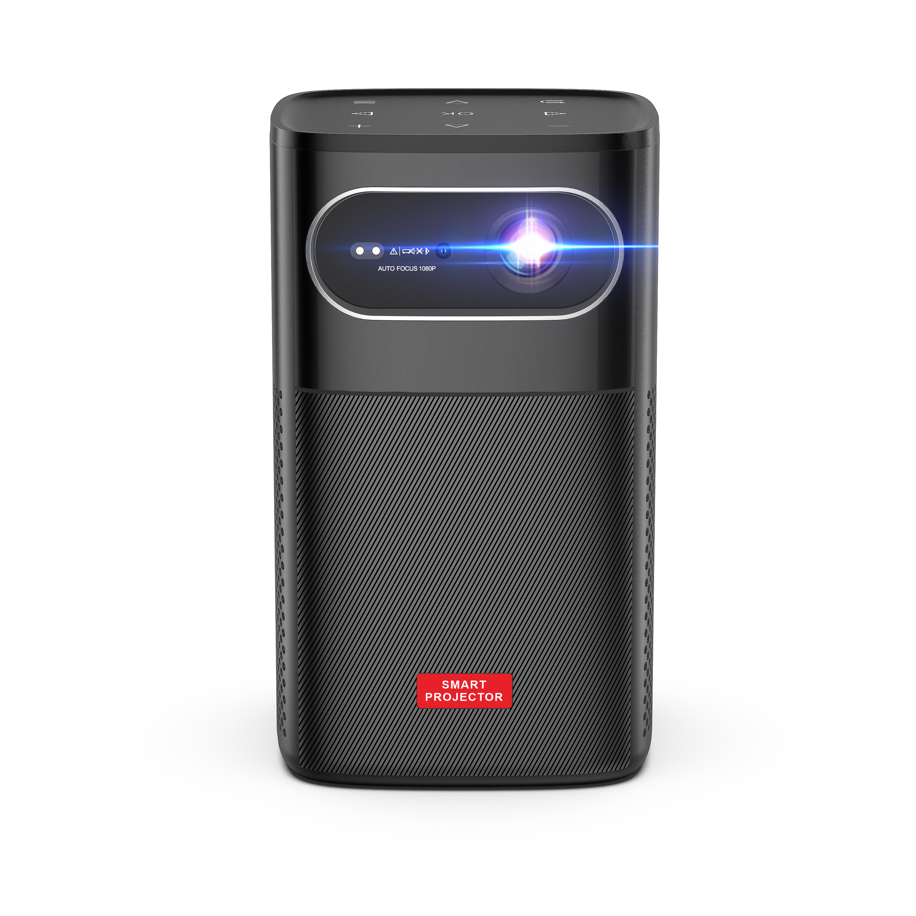 Schwarzer Smart-Projektor mit blauem Licht und rotem 'Smart Projector'-Label.