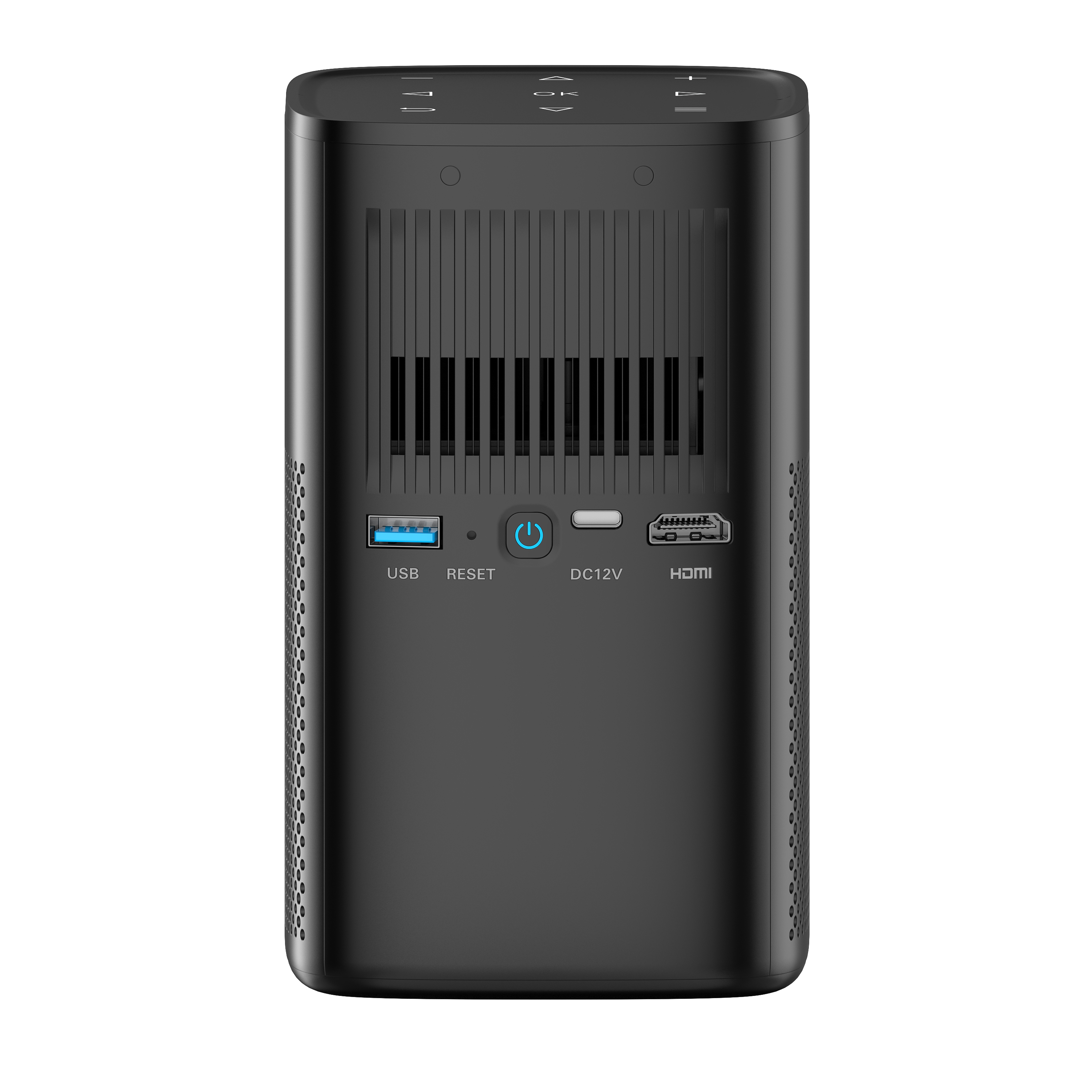 Schwarzes rechteckiges Gerät mit Anschlüssen für USB, HDMI und DC12V. Hat Reset- und Power-Tasten.
