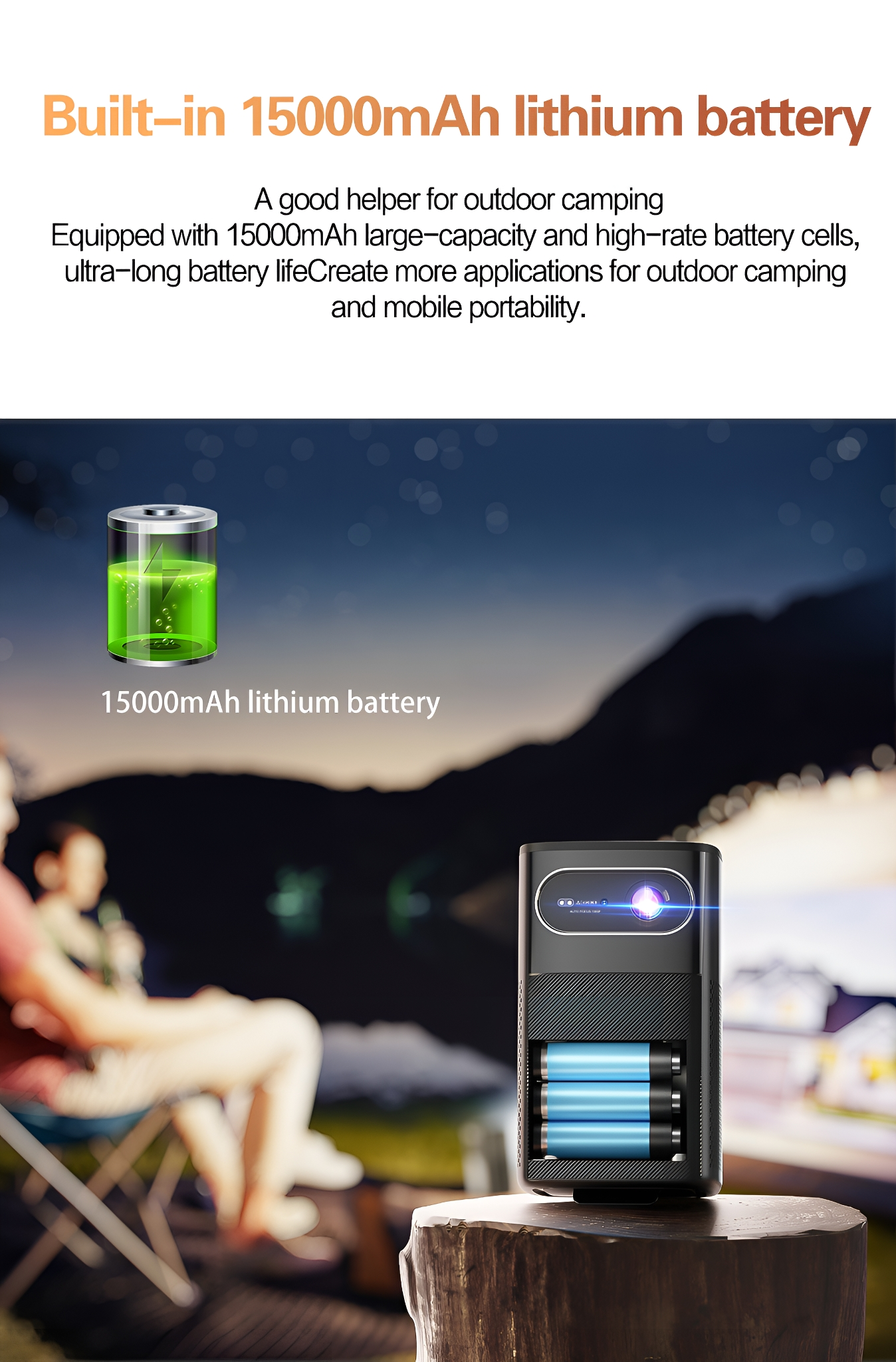 Ein tragbarer Projektor mit einem 15000-mAh-Akku, Text beschreibt Akkulaufzeit und Campinganwendungen.