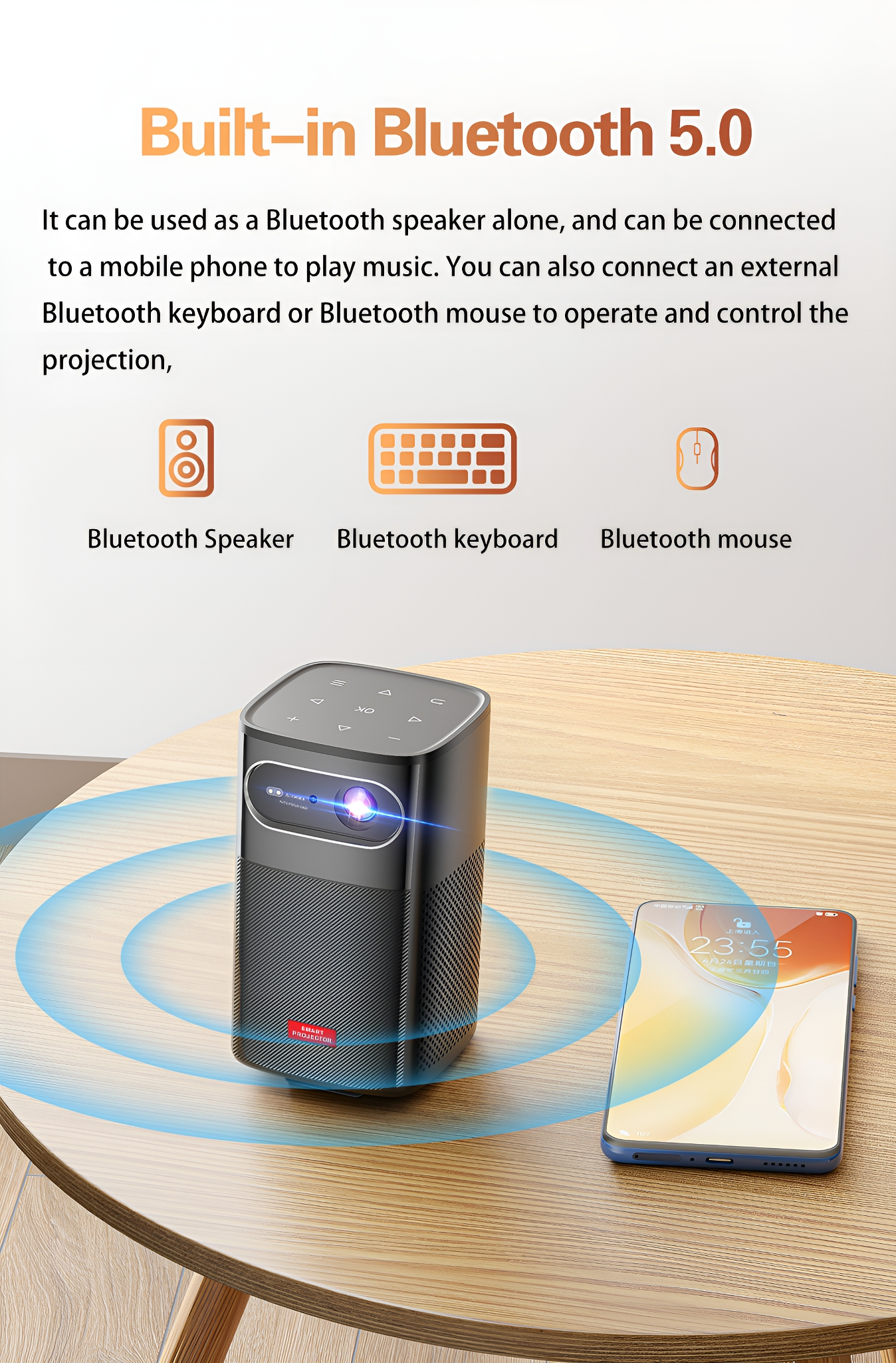 Bluetooth-Lautsprecher mit Telefon, Tastatur und Maus, bewirbt eingebautes Bluetooth 5.0.