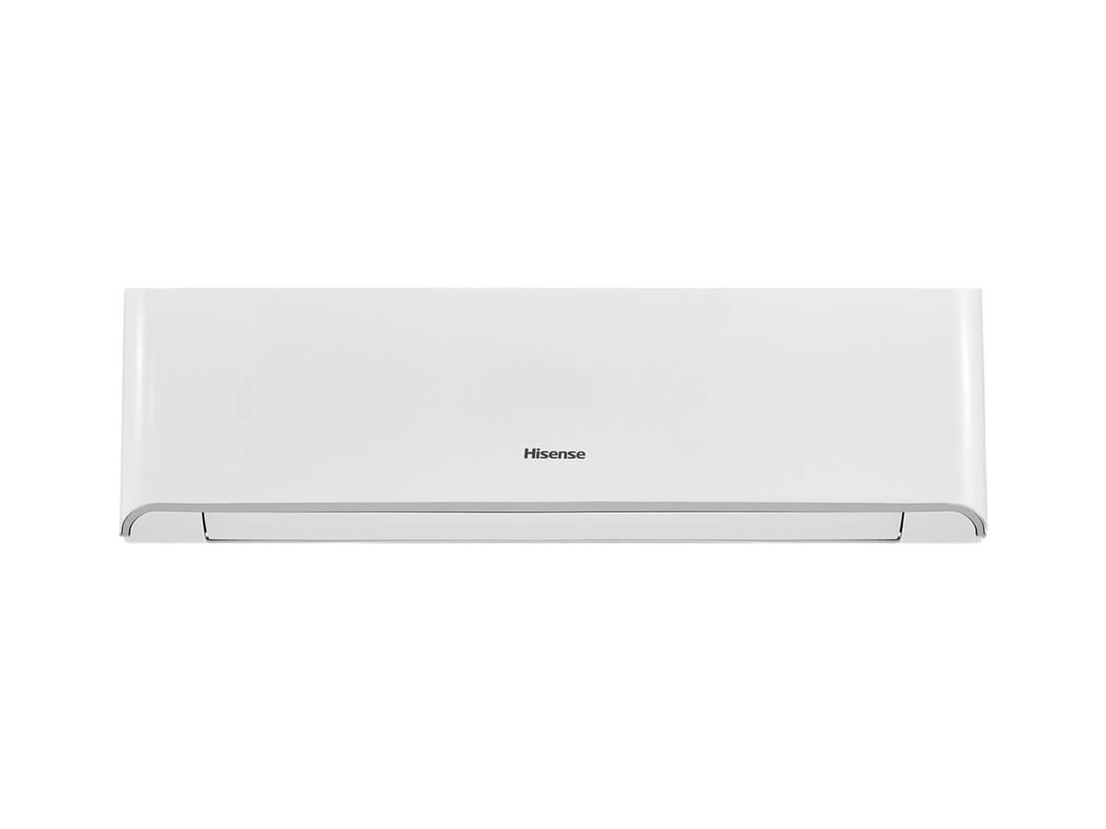 Aire acondicionado blanco con el logotipo de Hisense, de frente, fondo blanco.