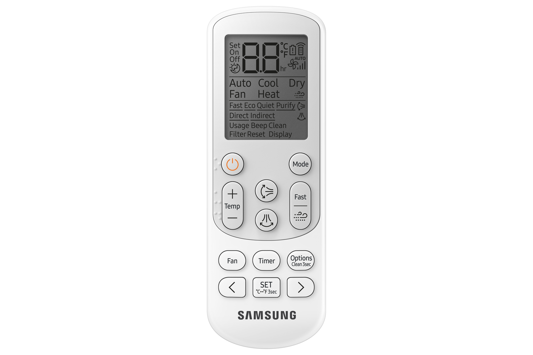 Telecomando Samsung bianco con pulsanti e display. Sfondo bianco.