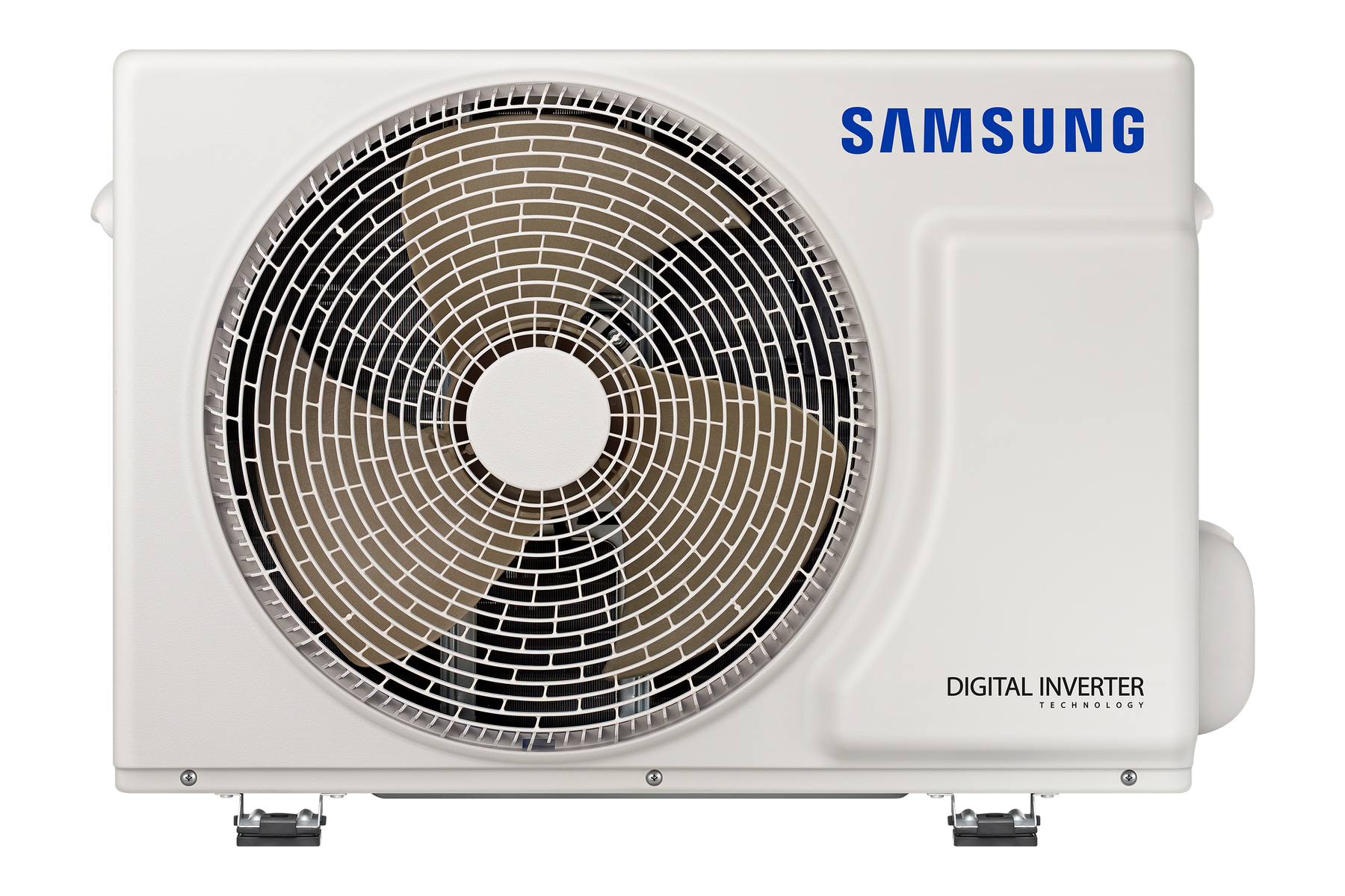 Un'unità di condizionatore Samsung da esterno bianca con ventola, contro un muro bianco.