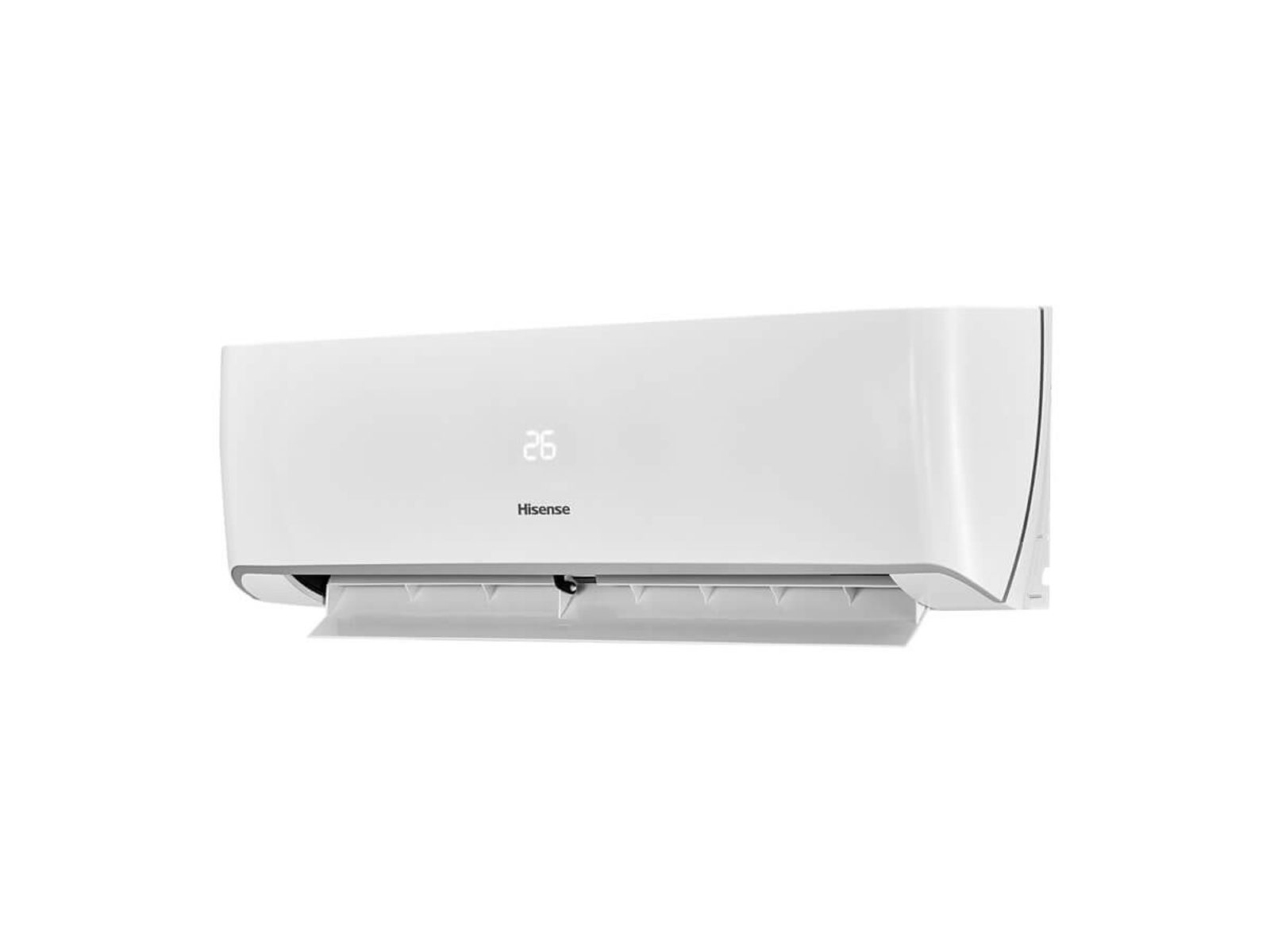 Aire acondicionado Hisense blanco. Fondo blanco. Vista en ángulo.