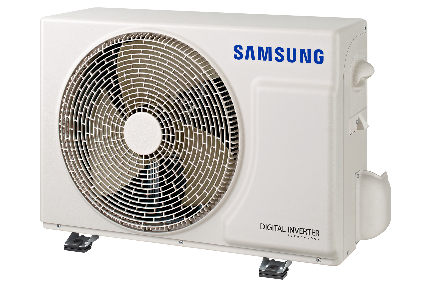 Unità condizionatore Samsung bianca con grande ventola all'interno. Testo Samsung blu.