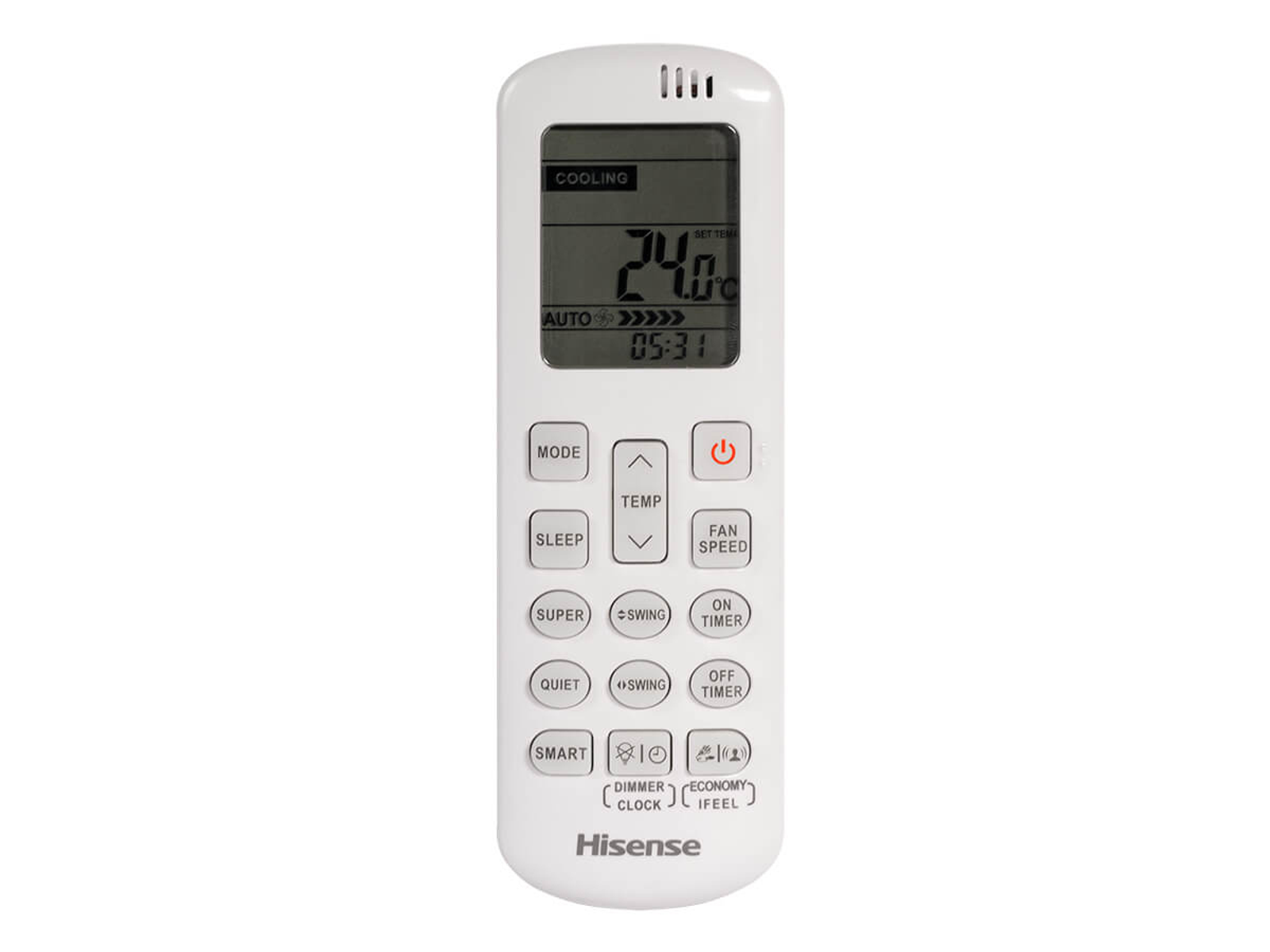 Mando a distancia Hisense blanco. Pantalla digital que muestra la temperatura y la hora. Botones abajo.