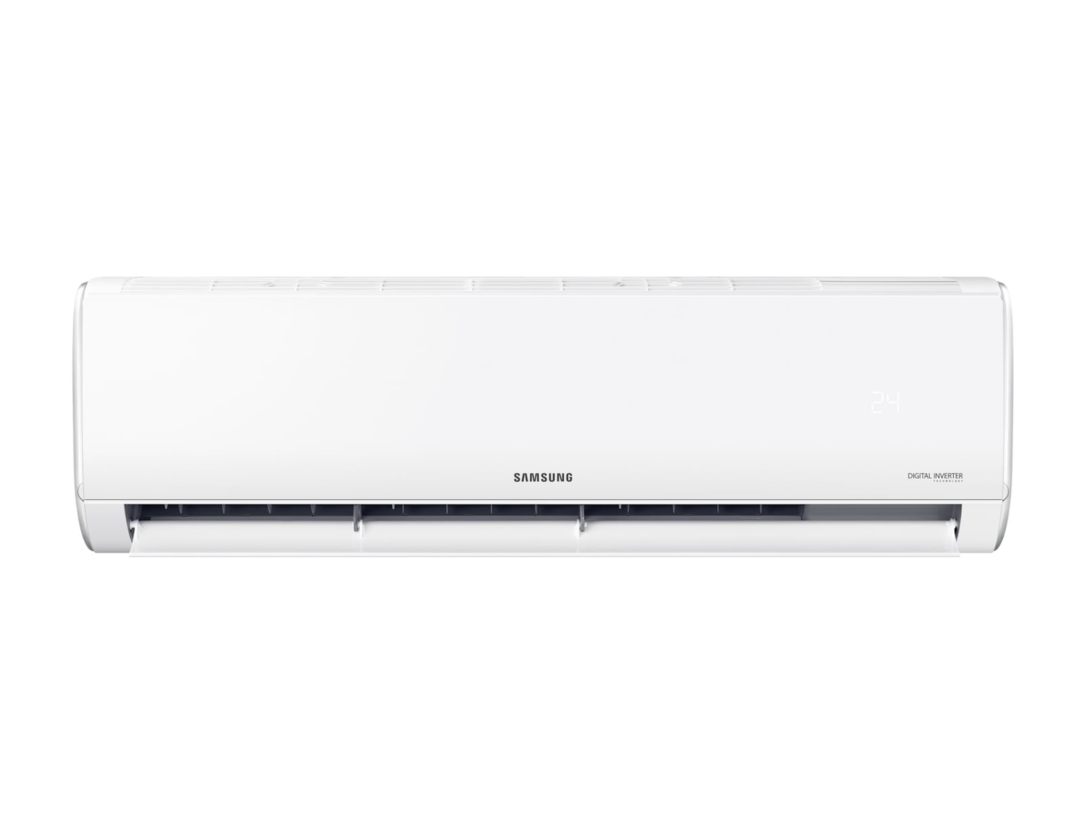 Aire acondicionado Samsung blanco con pantalla digital que muestra "24".