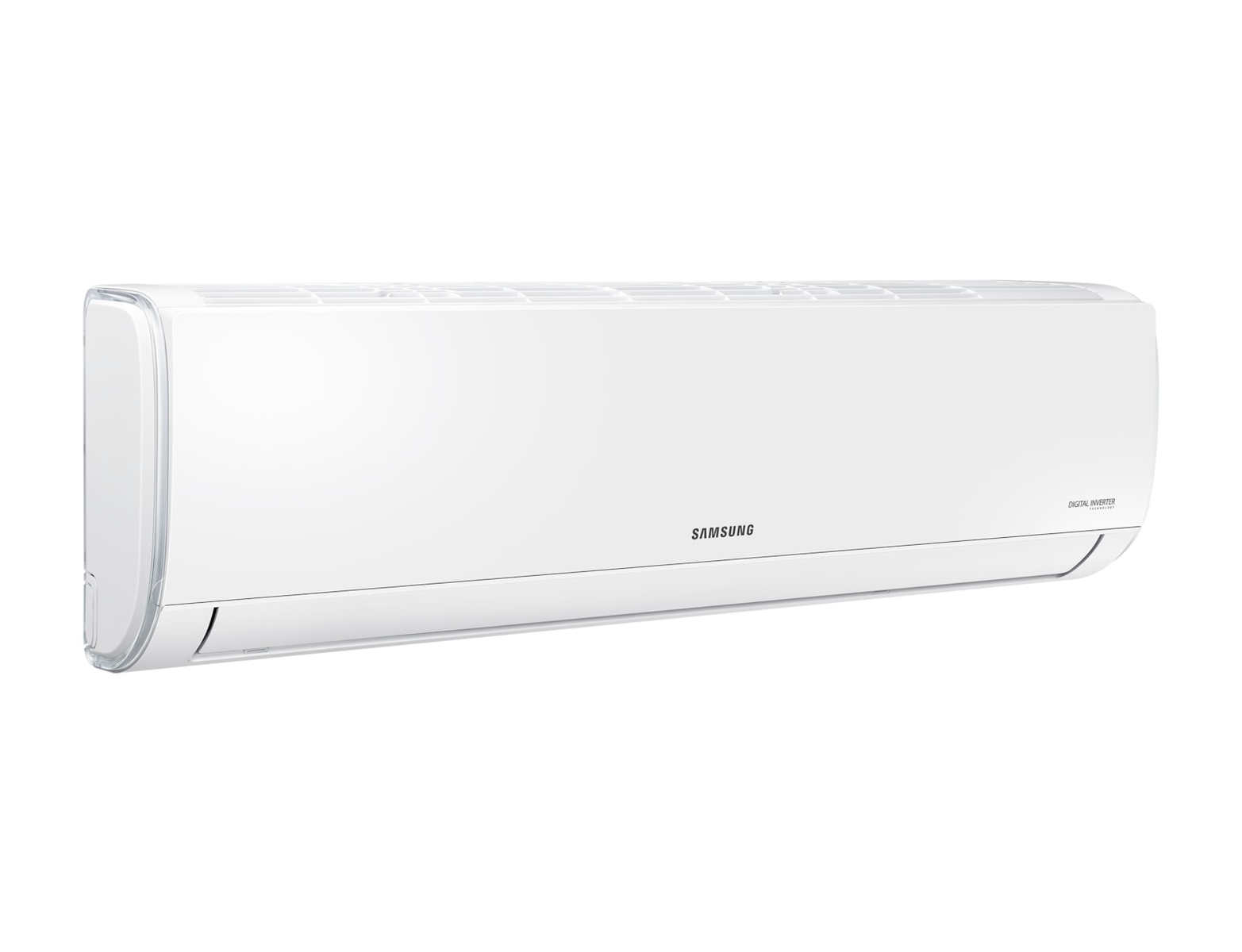 Un aire acondicionado Samsung blanco, montado horizontalmente. Limpio, moderno, sobre fondo blanco.