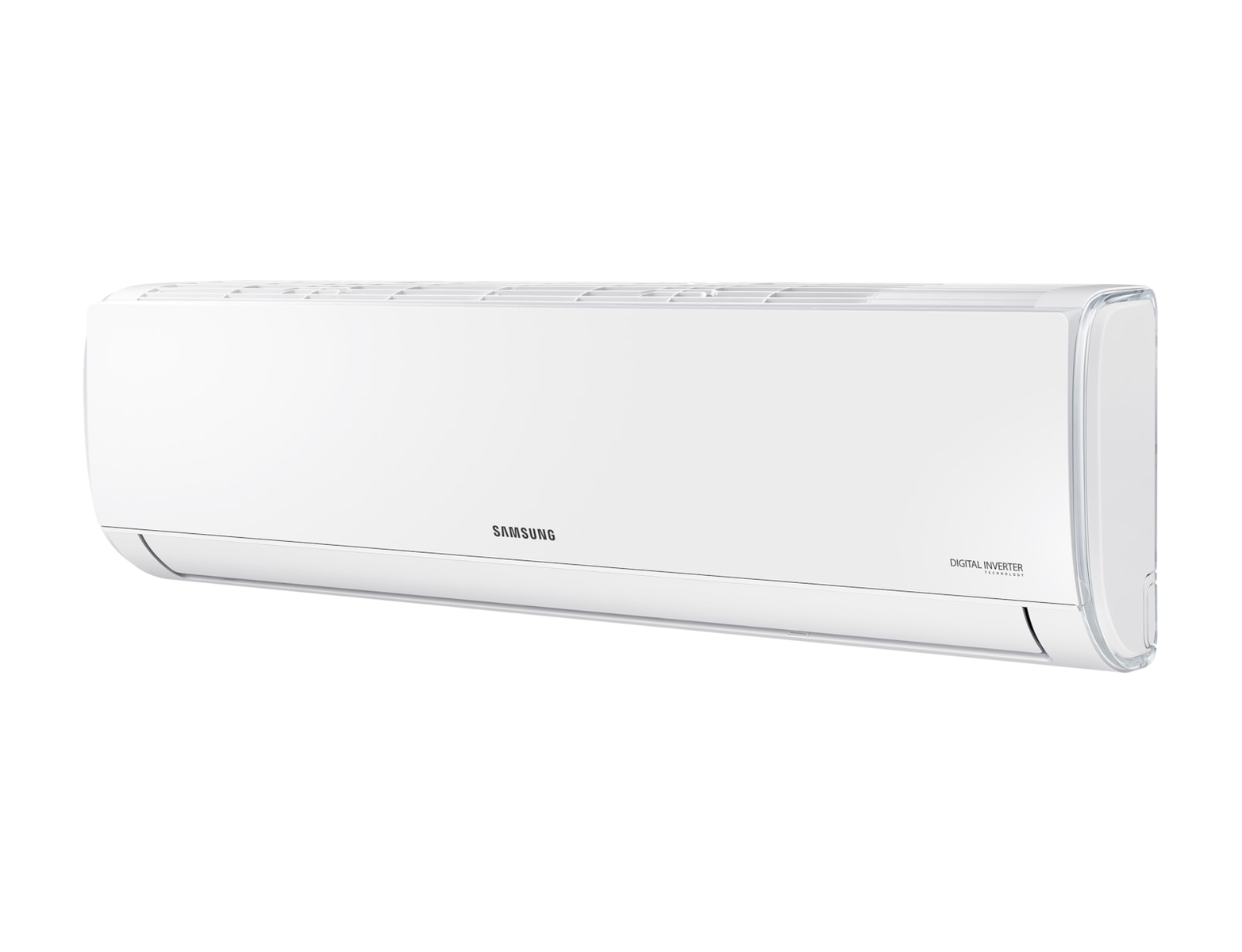 Aire acondicionado Samsung blanco sobre fondo blanco.