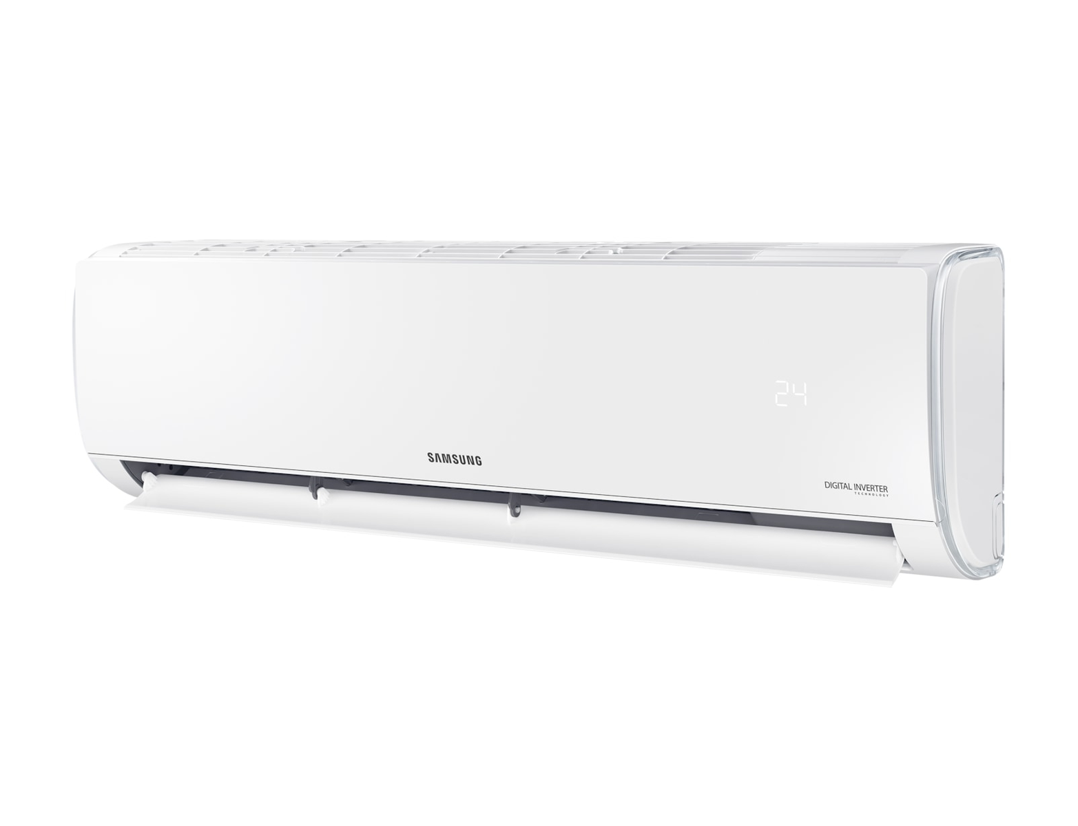 Aire acondicionado Samsung blanco con pantalla digital que muestra 24. Montado en una pared blanca.