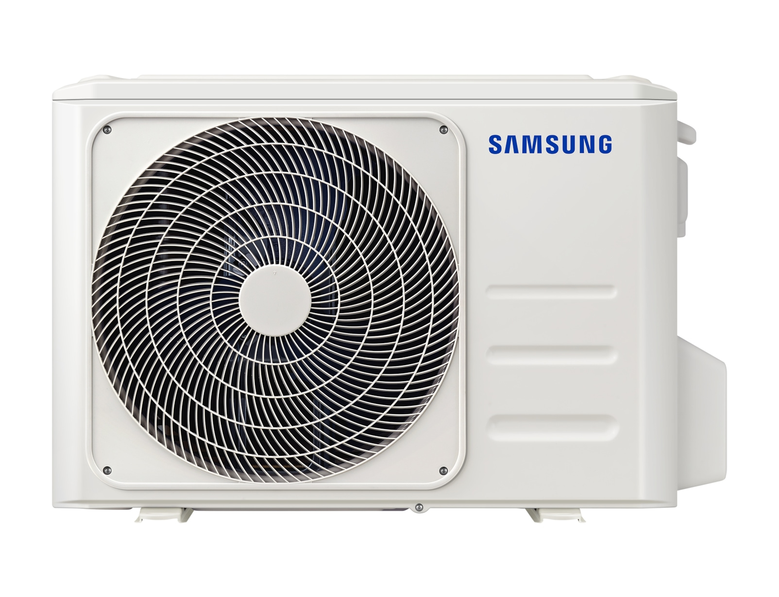 Un acondicionador de aire blanco con un ventilador. La palabra SAMSUNG está escrita en azul.