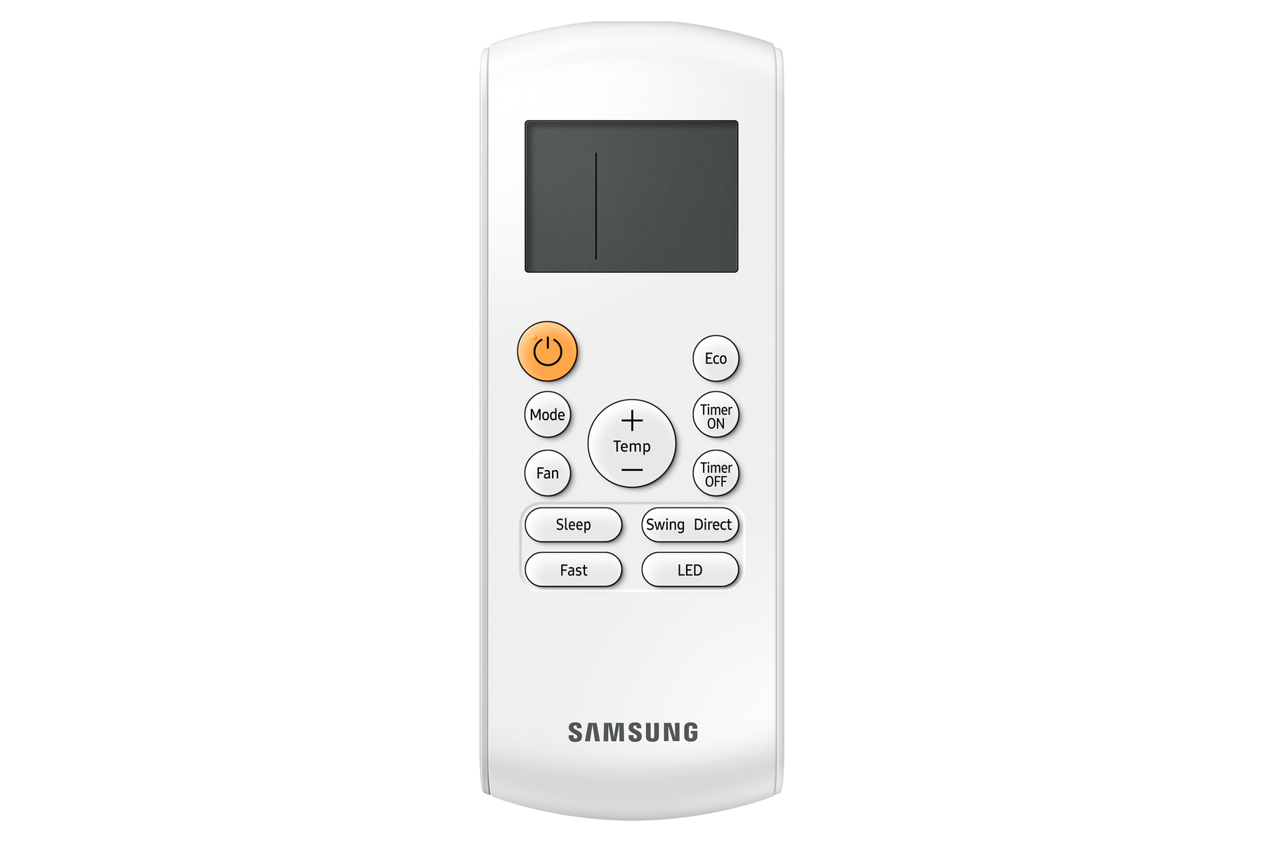 Un telecomando Samsung bianco con più pulsanti, inclusi i comandi di accensione e temperatura.