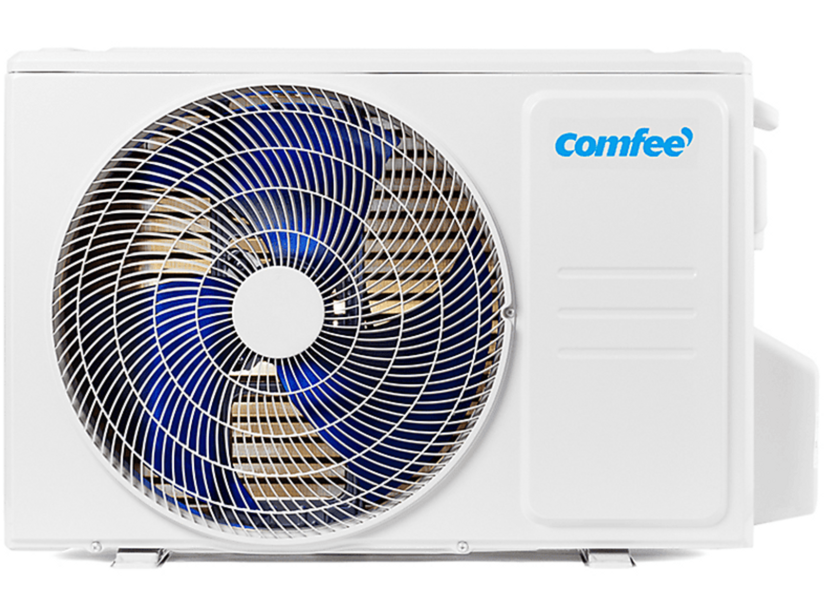 Condizionatore Comfee bianco con pale blu. Il marchio è visibile.