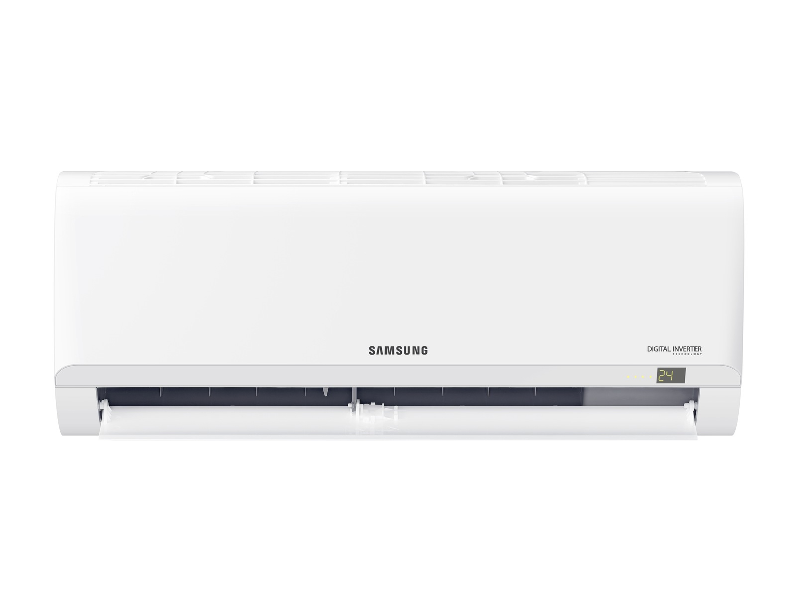 Condizionatore Samsung bianco, display digitale mostra '24'. Bocchetta aria aperta.