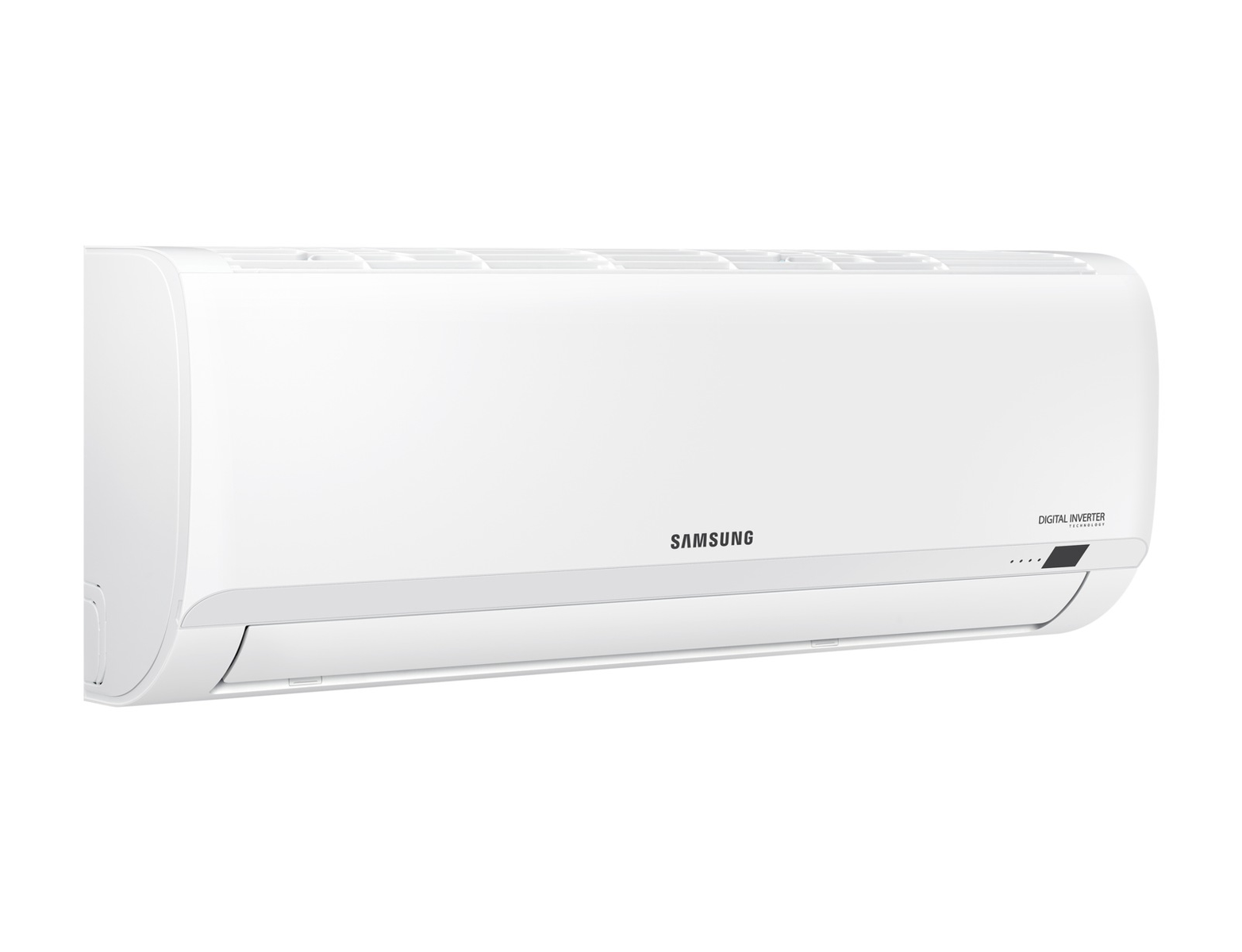 Unità di condizionatore Samsung bianca su sfondo bianco. L'unità è lunga e rettangolare.