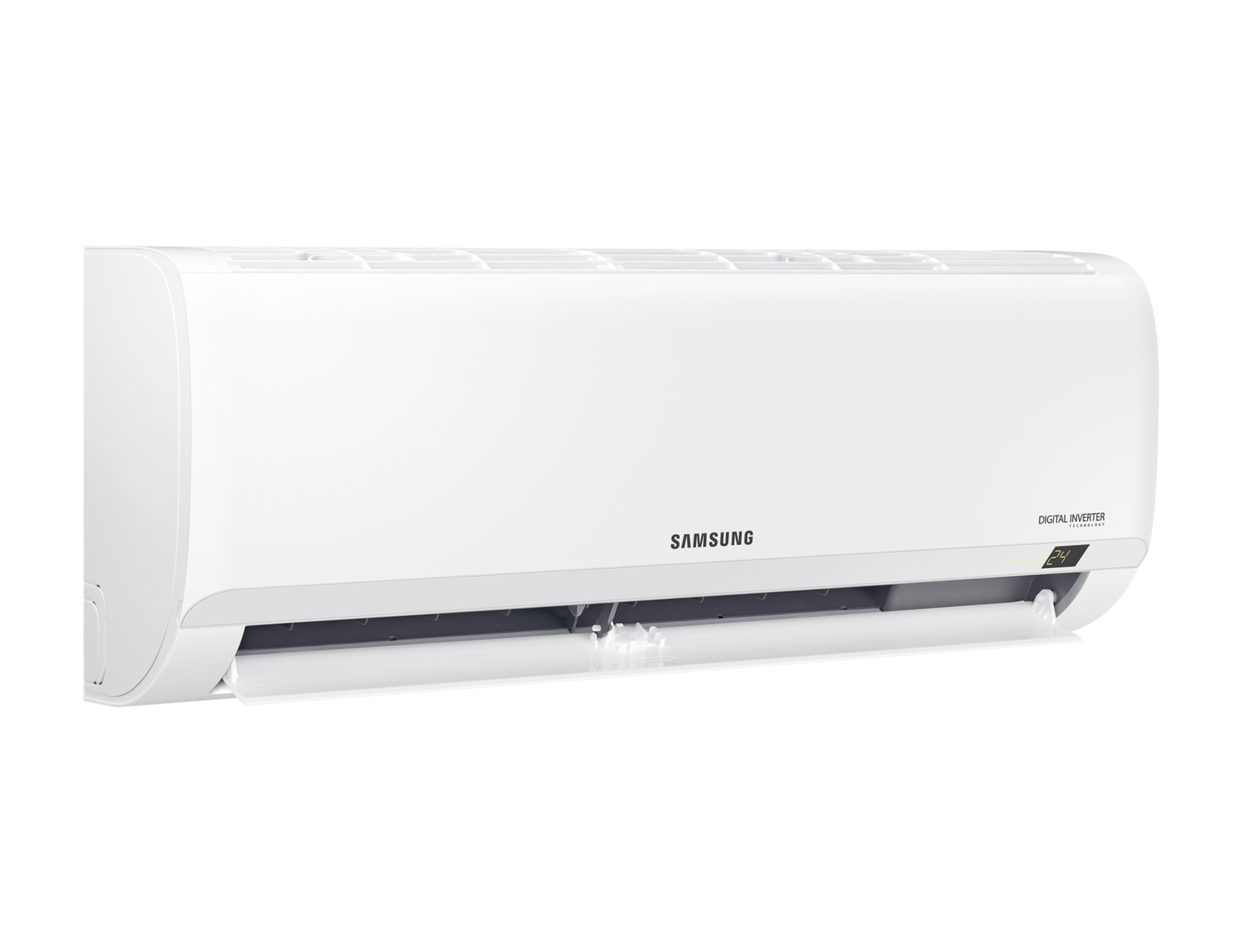 Condizionatore Samsung bianco su sfondo bianco, che mostra la parte anteriore e laterale.