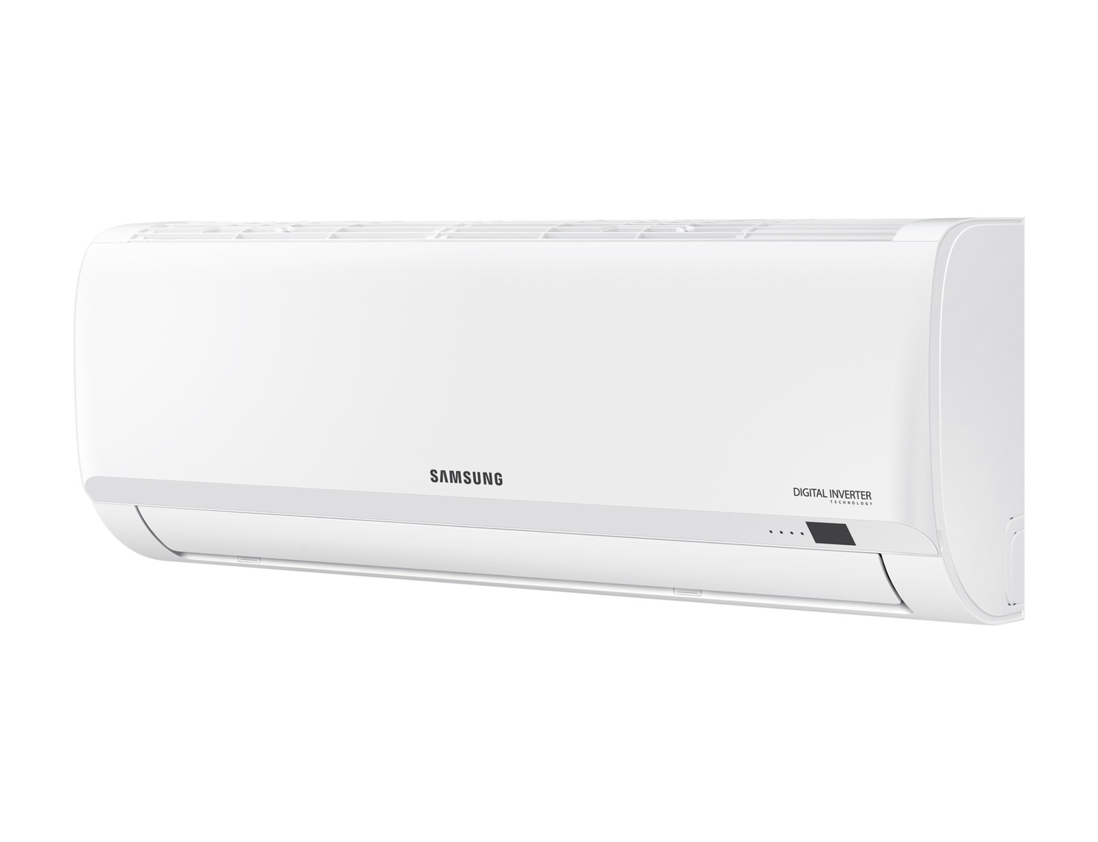 Condizionatore Samsung bianco. Isolato su sfondo bianco, vista angolata.