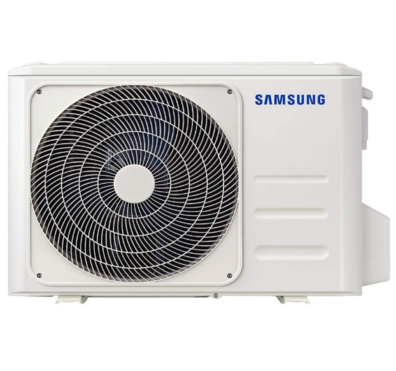 Unità di condizionamento Samsung bianca con ventola nera e griglia. Unità esterna, sfondo bianco.