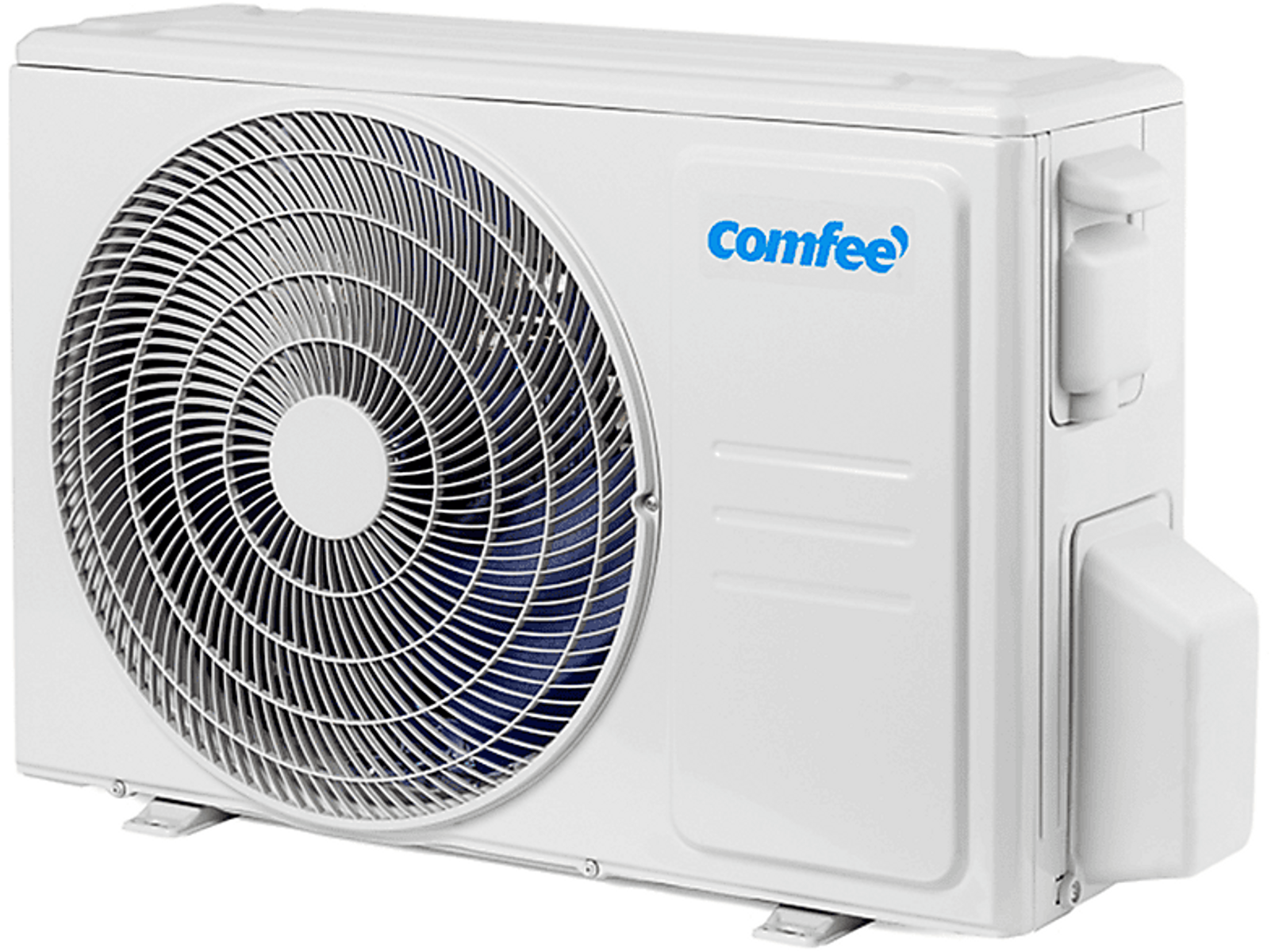 Un condizionatore Comfee bianco con una ventola e il logo Comfee sul lato.