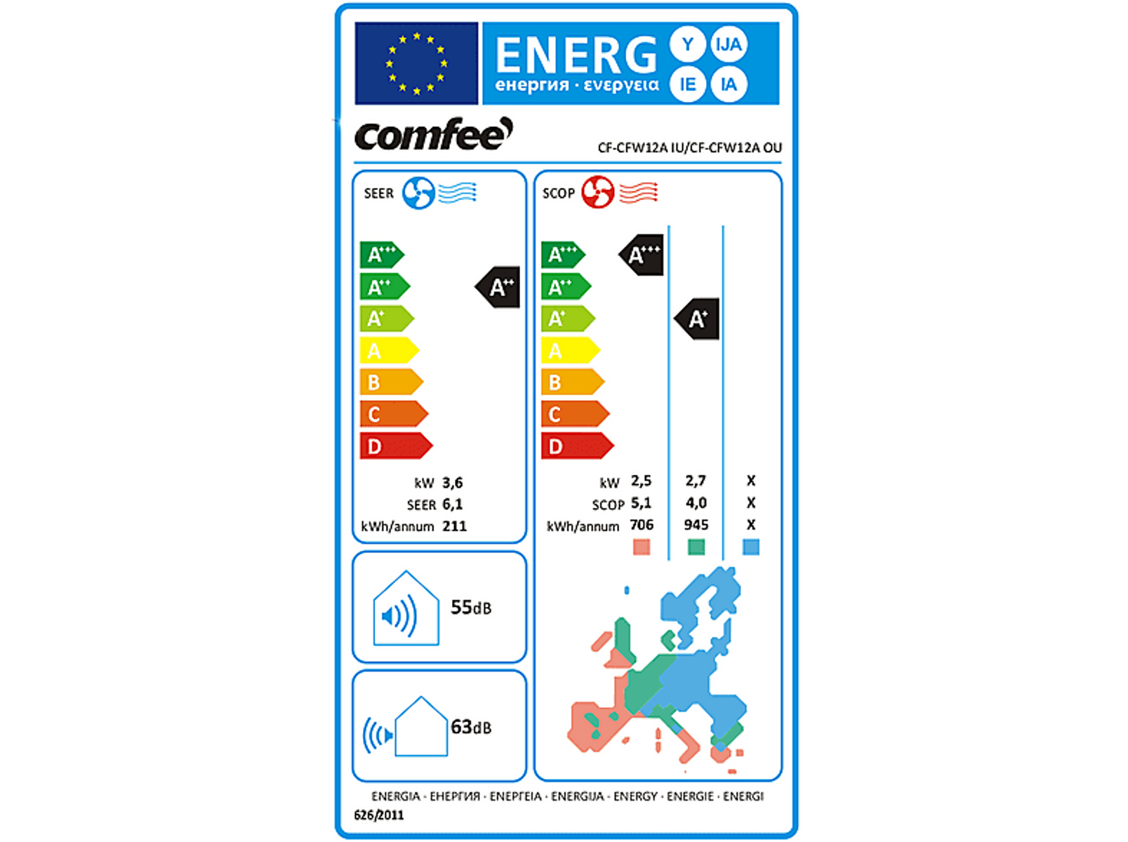 Un'etichetta di efficienza energetica con valutazioni e dati per un condizionatore. Include i valori SEER e SCOP.