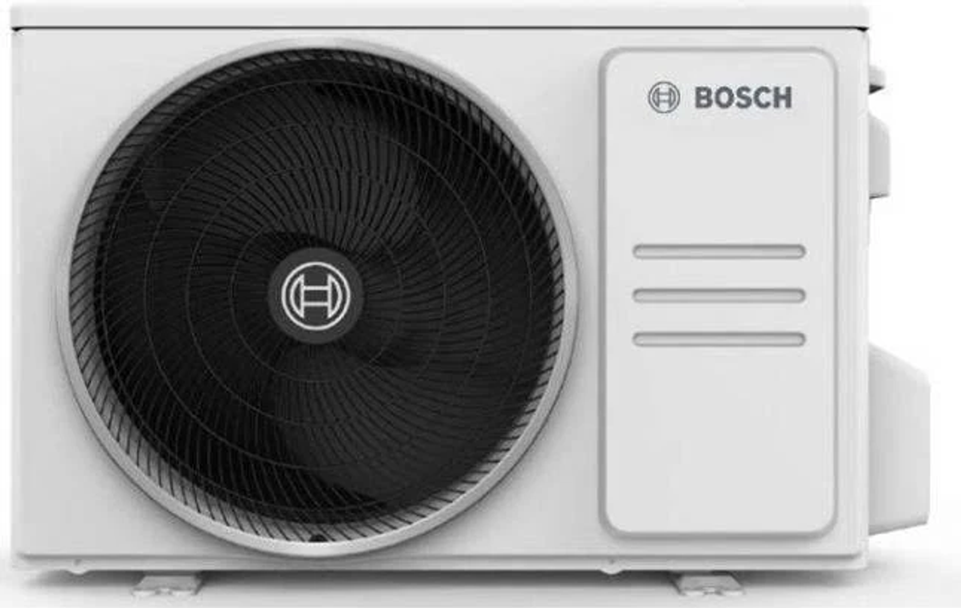 Una unidad de aire acondicionado exterior Bosch, blanca con un gran ventilador negro, fondo blanco.