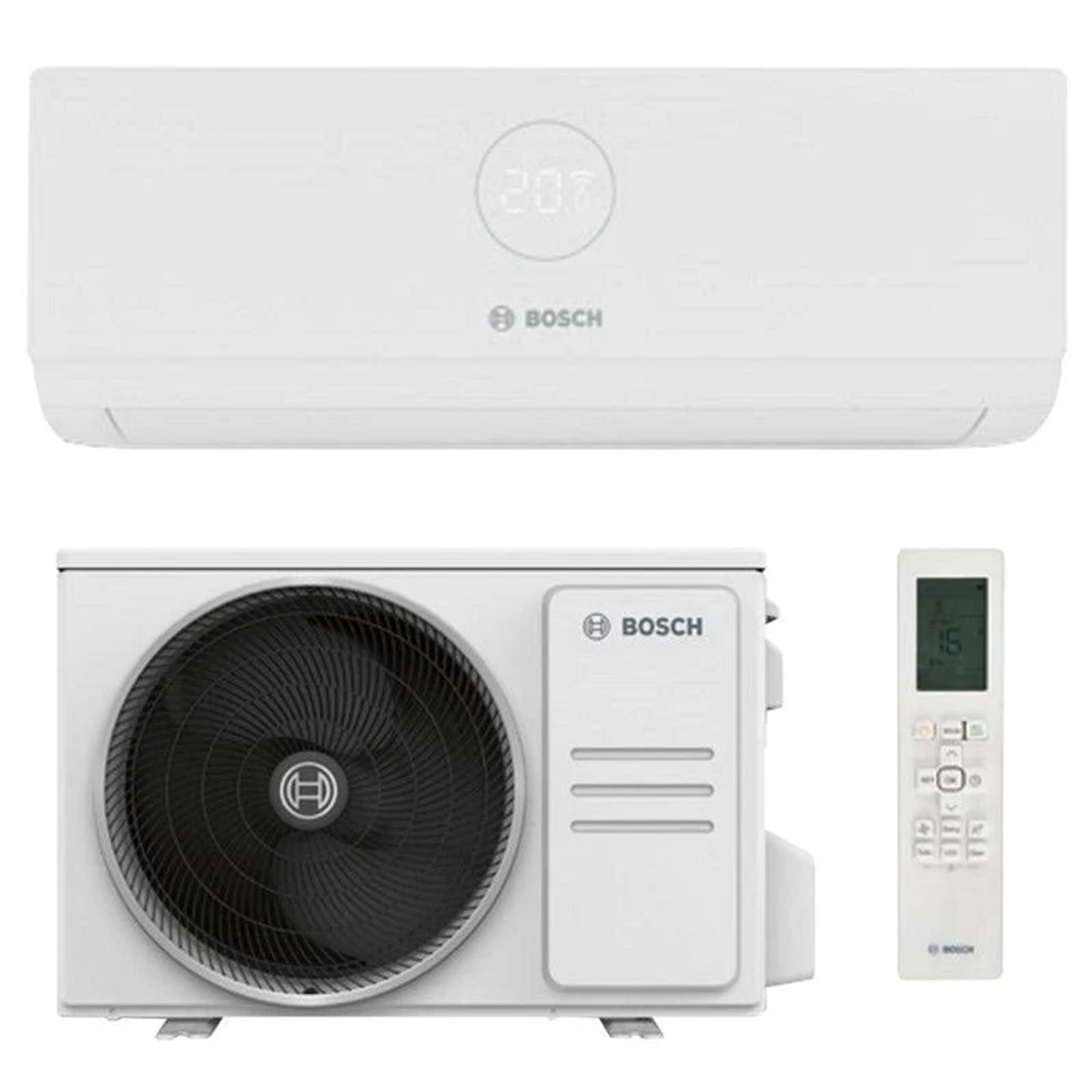 Sistema de aire acondicionado blanco. Unidad interior, exterior y mando a distancia visibles.