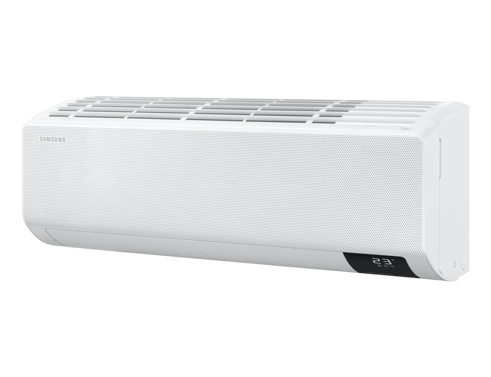 Aire acondicionado blanco Samsung. Tiene una pantalla que muestra '23'. Está sobre fondo blanco.
