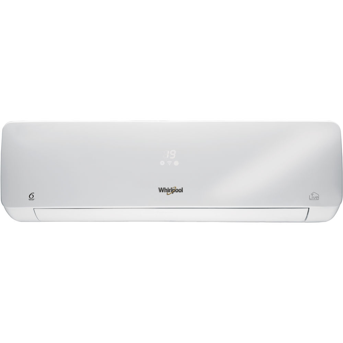 Un condizionatore Whirlpool bianco con display digitale, isolato su sfondo bianco.
