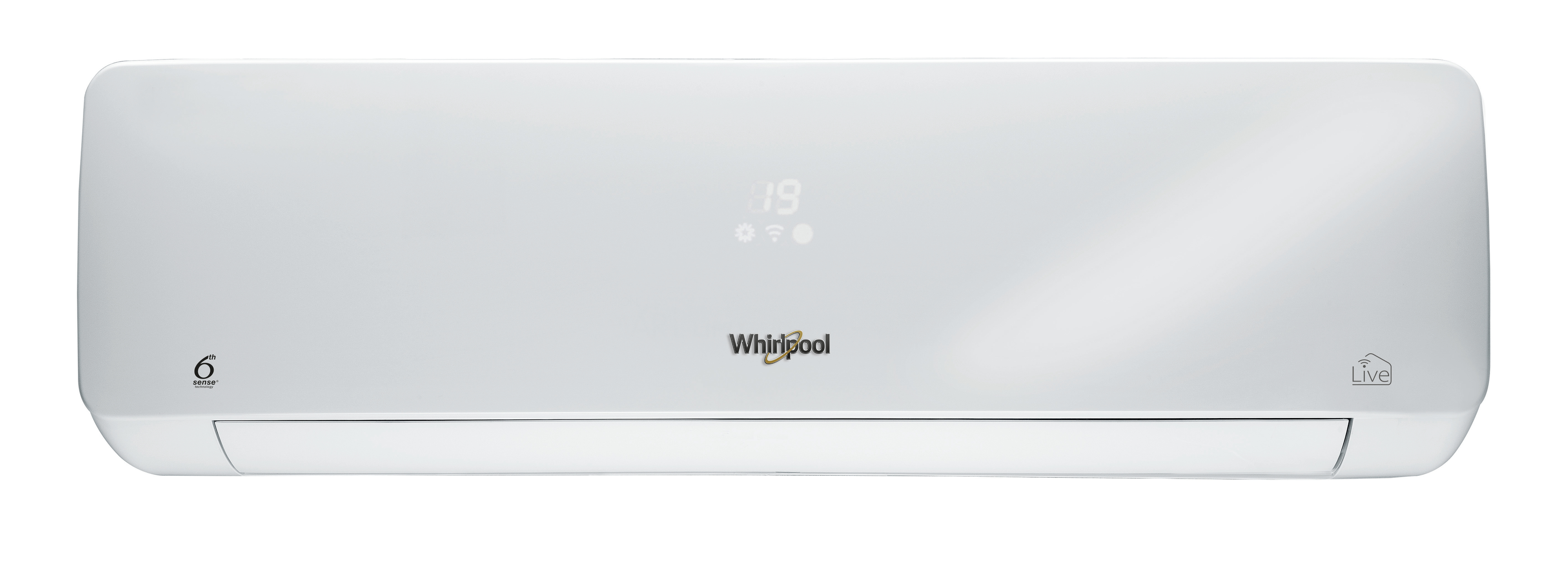 Condizionatore bianco con display digitale. Marchio Whirlpool.