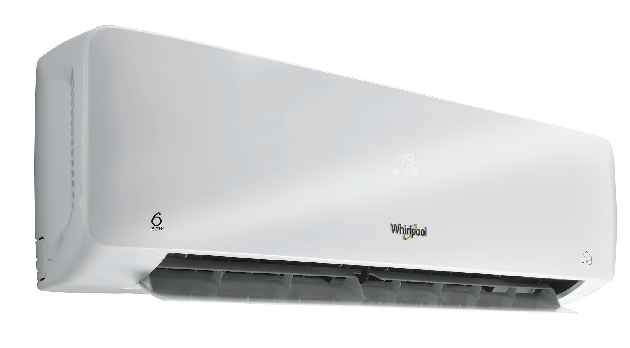 Condizionatore Whirlpool bianco su sfondo bianco. L'unità è accesa.