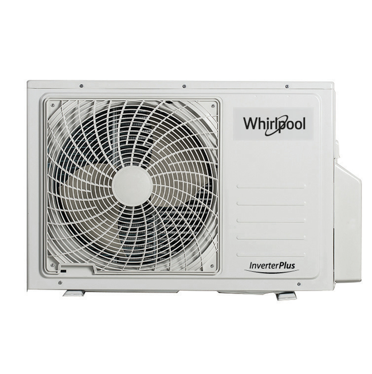 Un condizionatore Whirlpool bianco, con una ventola e l'etichetta InverterPlus.