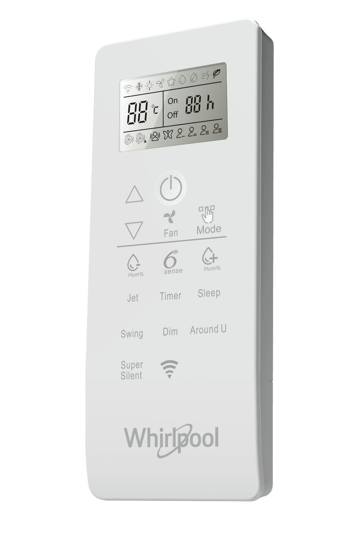 Telecomando Whirlpool bianco con pulsanti e schermo.