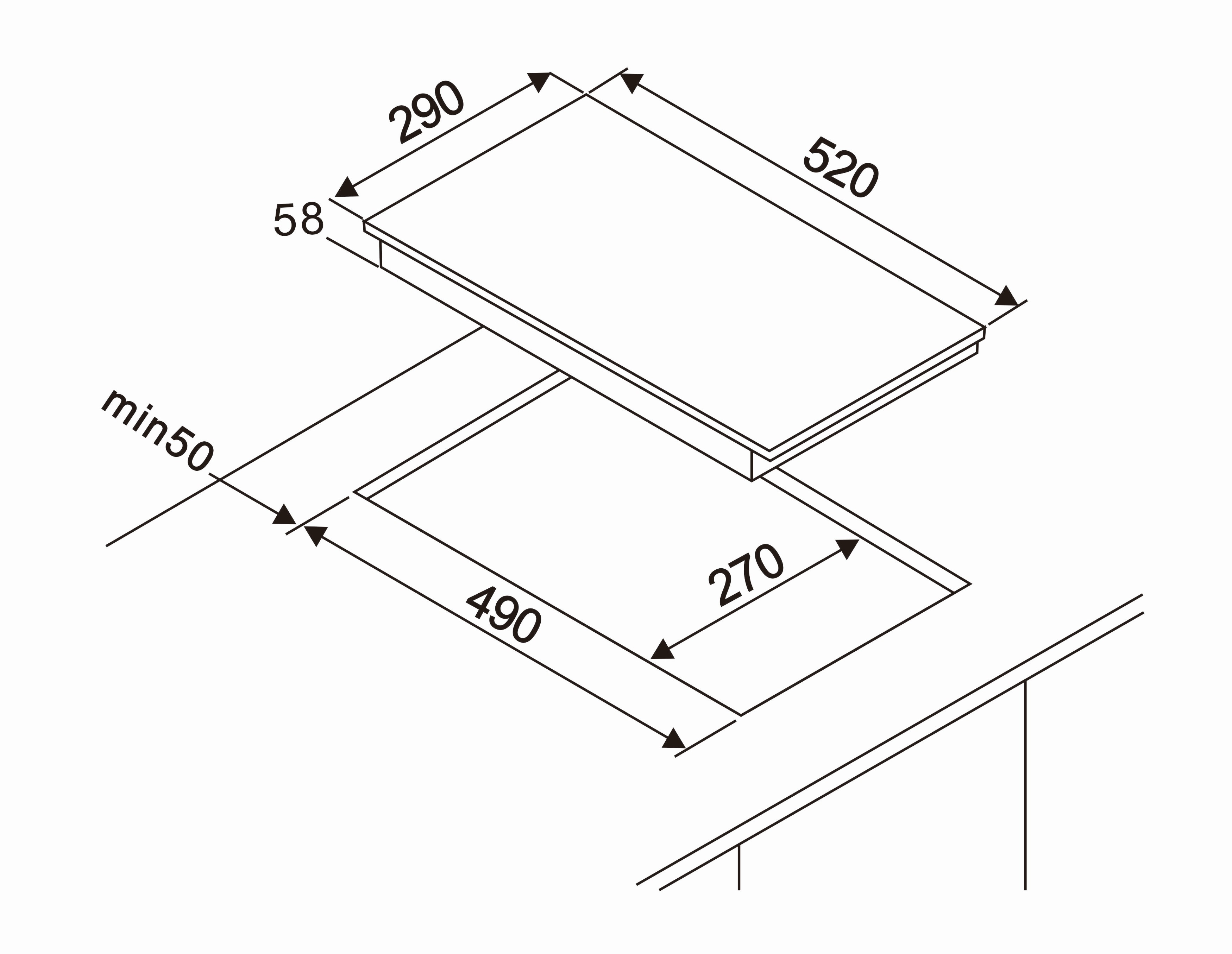 Technische tekening van een inductiekookplaat met afmetingen en maten.