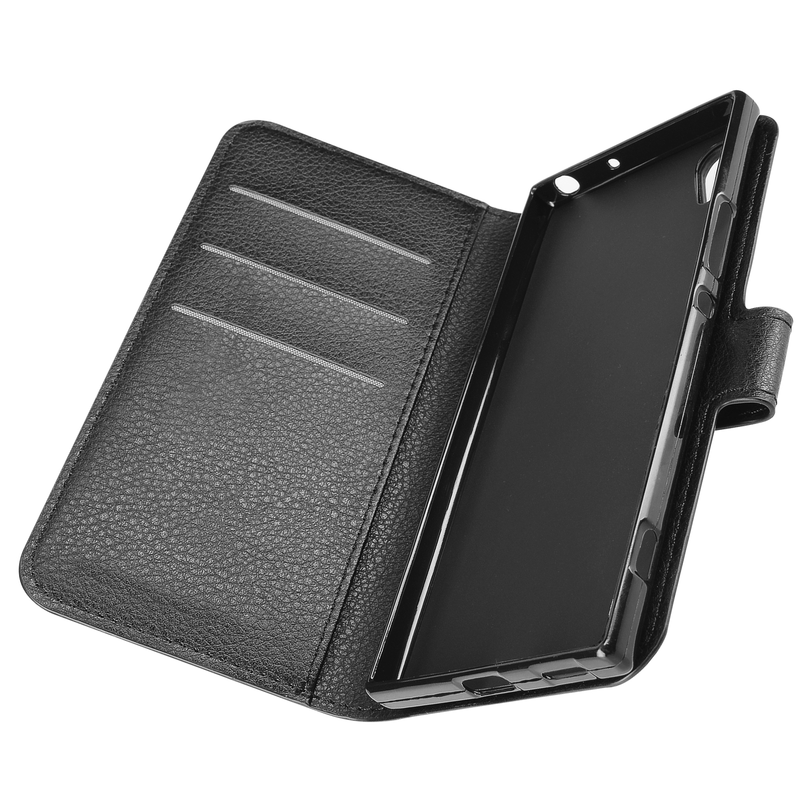 Custodia per telefono nera aperta con un telefono all'interno e fessure per carte sul lato sinistro.