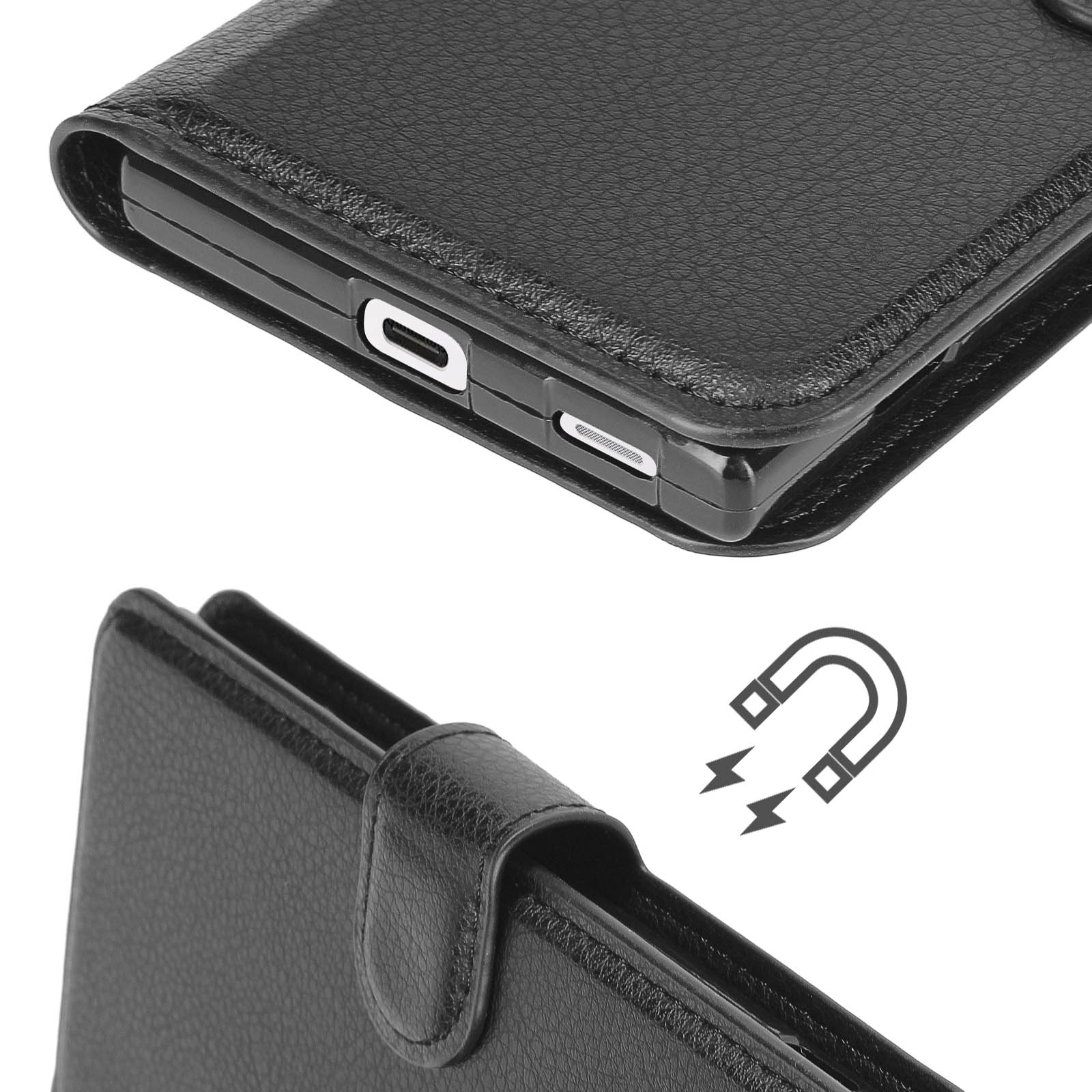 Una custodia per telefono in pelle nera, aperta, che mostra la porta. Sono visibili la parte superiore e inferiore.