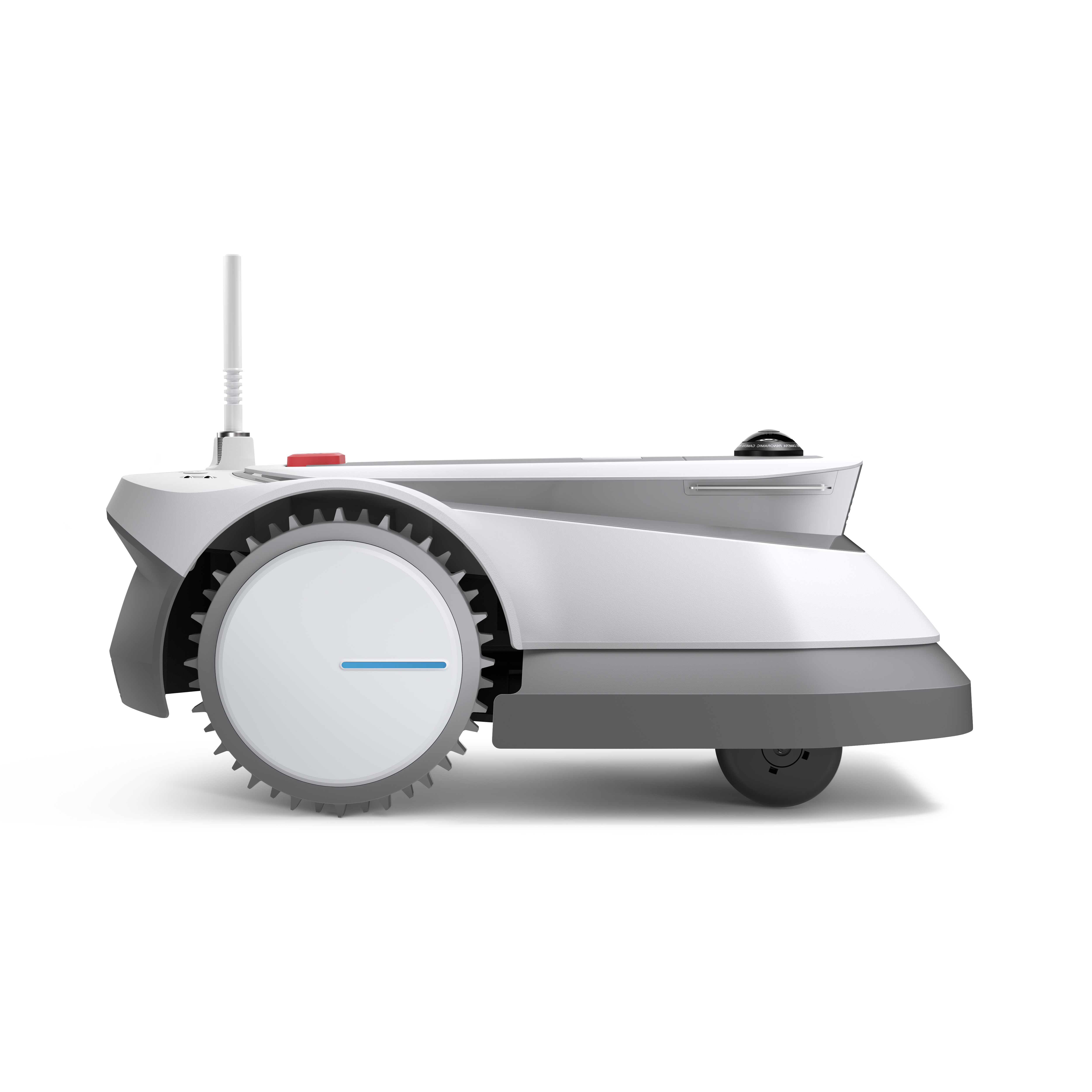 Weiß-grauer Roboter-Rasenmäher mit Zahnrad und Antenne auf weißer Oberfläche.