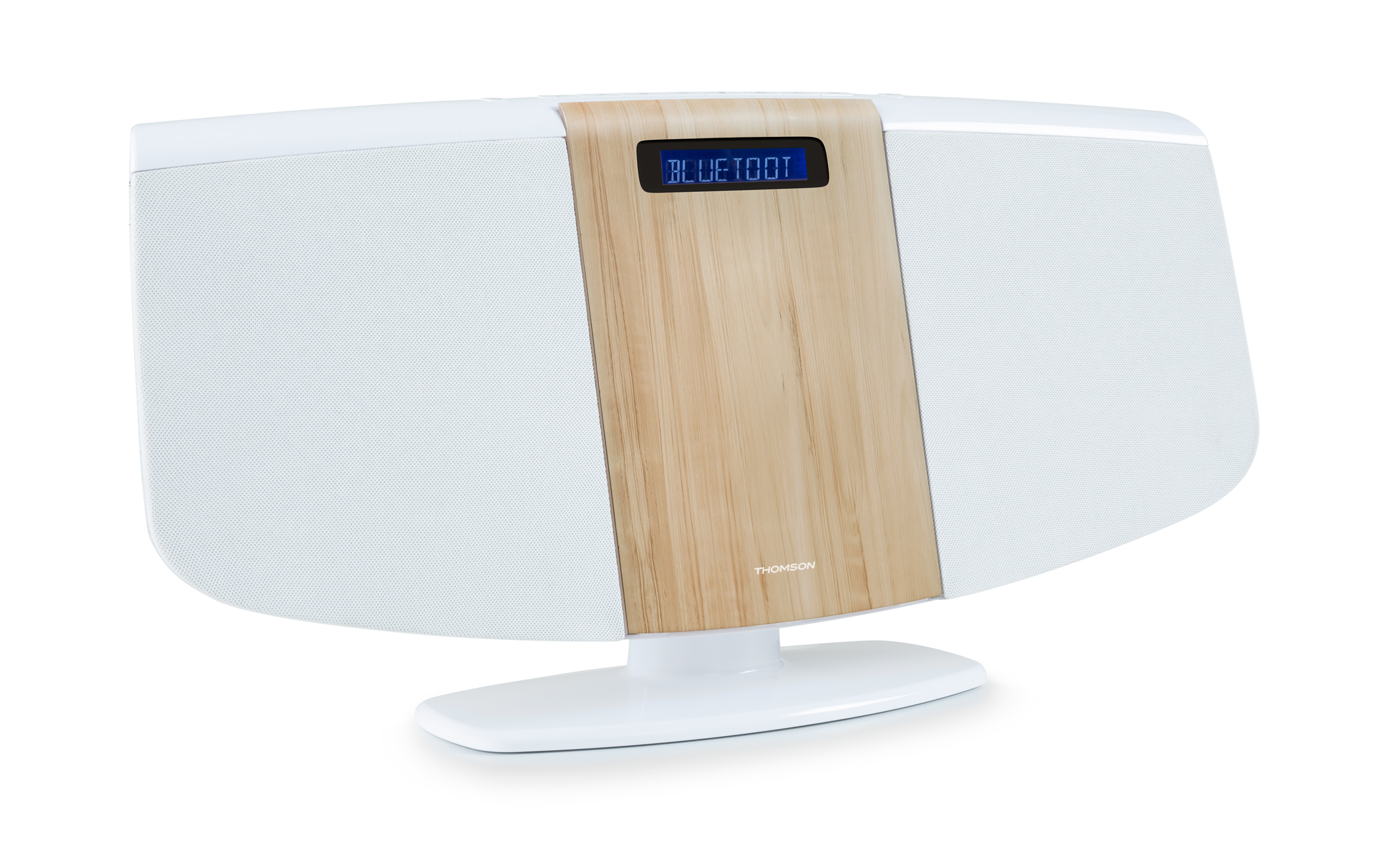 Białe urządzenie audio z drewnianym panelem środkowym, zakrzywionym designem i wyświetlaczem 'BLUETOOTH'.