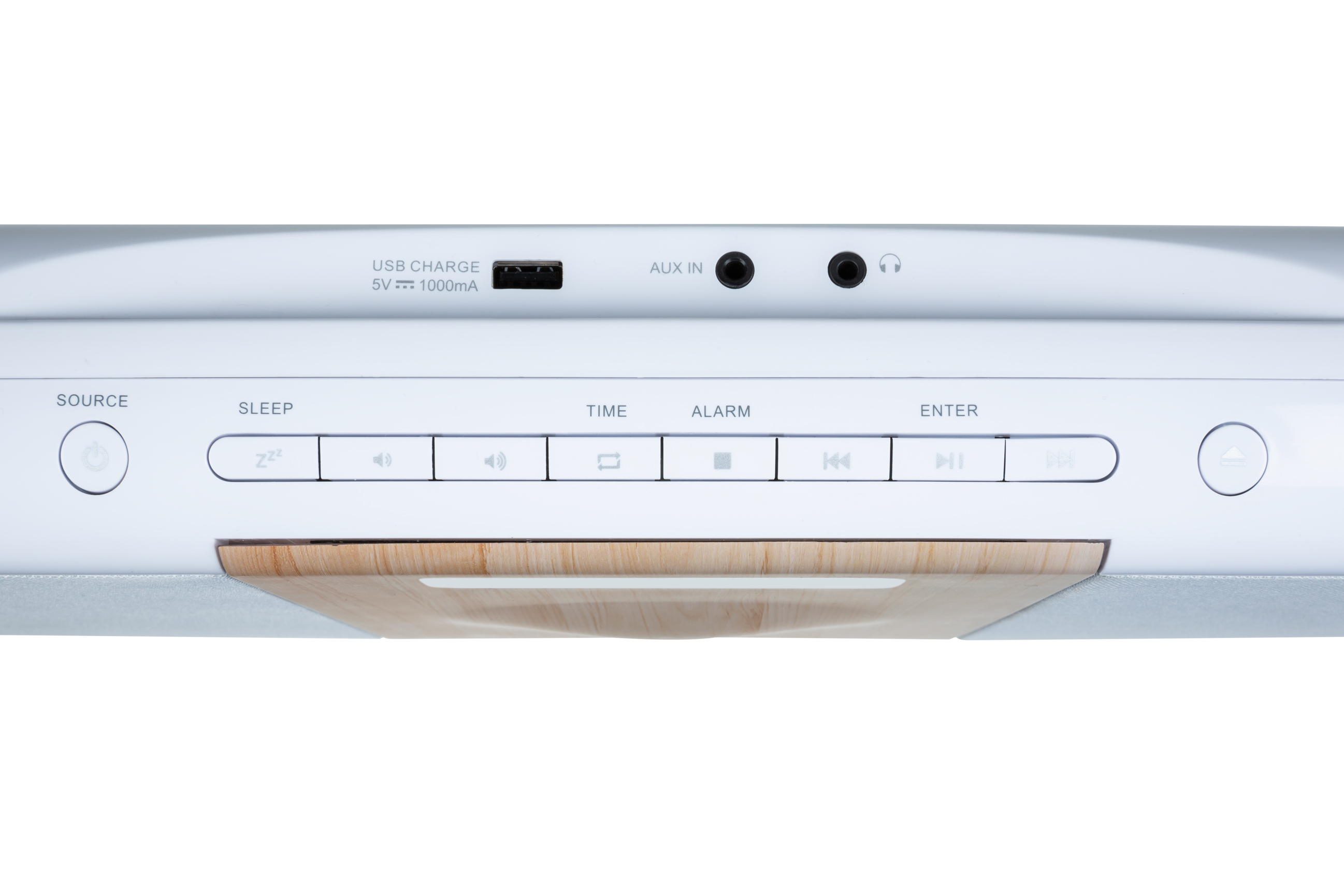 Zbliżenie białego panelu sterowania z przyciskami oznaczonymi USB, AUX, Time, Alarm.