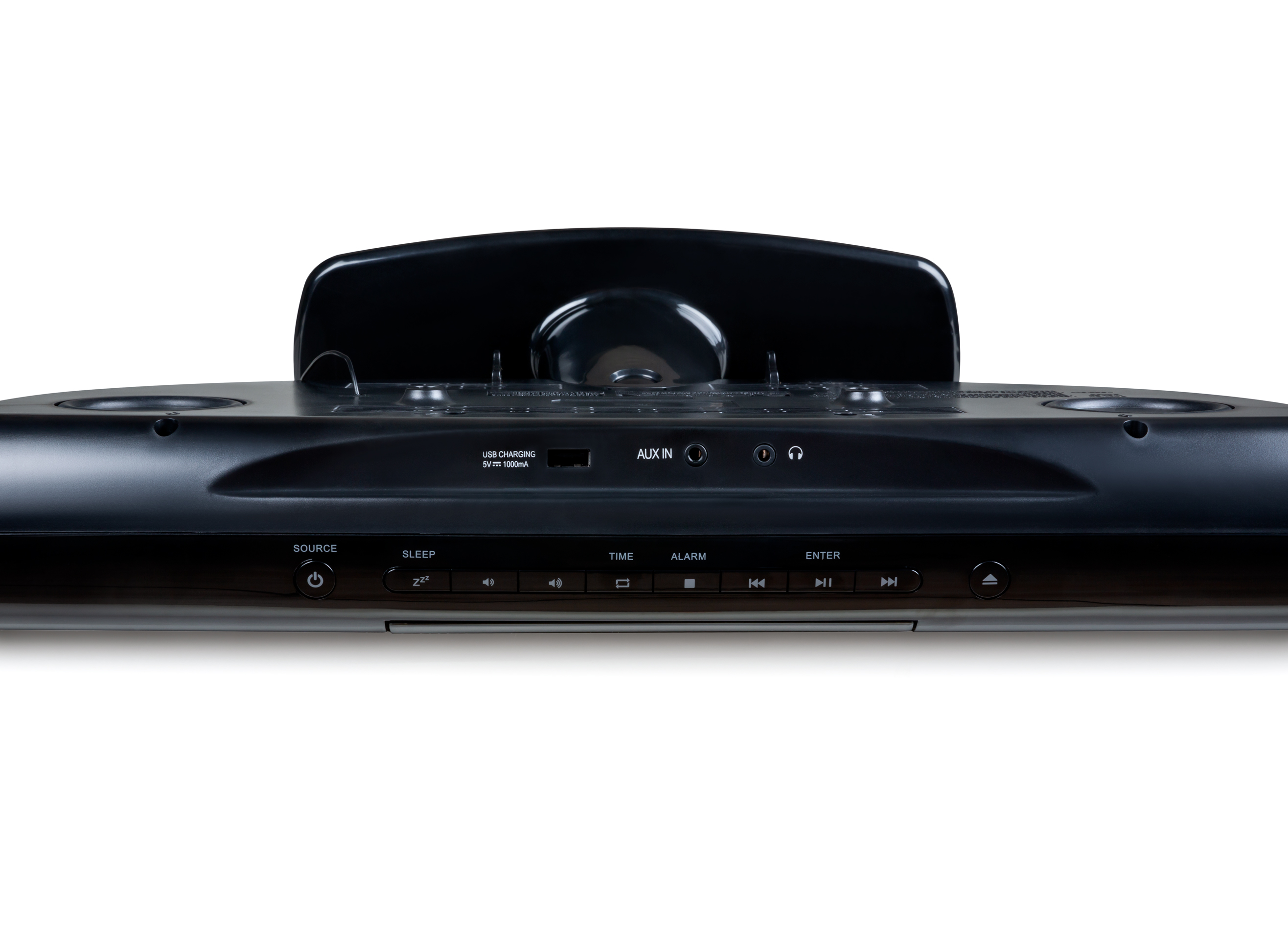 Czarny soundbar z przyciskami i wyświetlaczem na białym tle. Pokazuje ładowanie USB, AUX i inne wejścia.