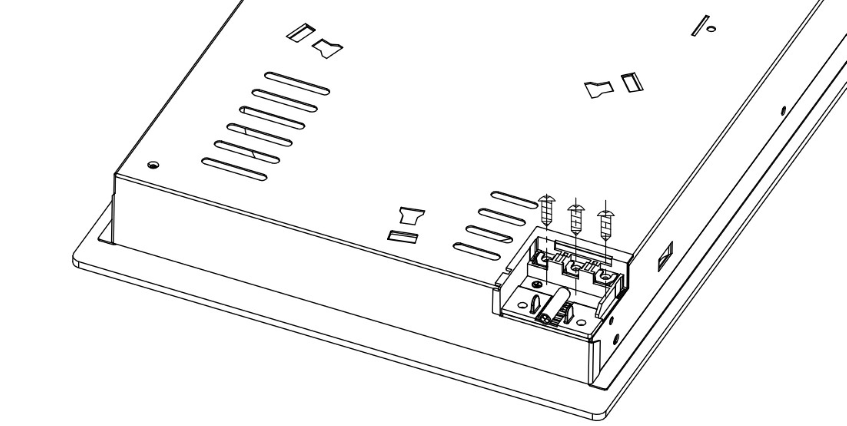Line drawing of the back of a machine, with details of screws and vents.