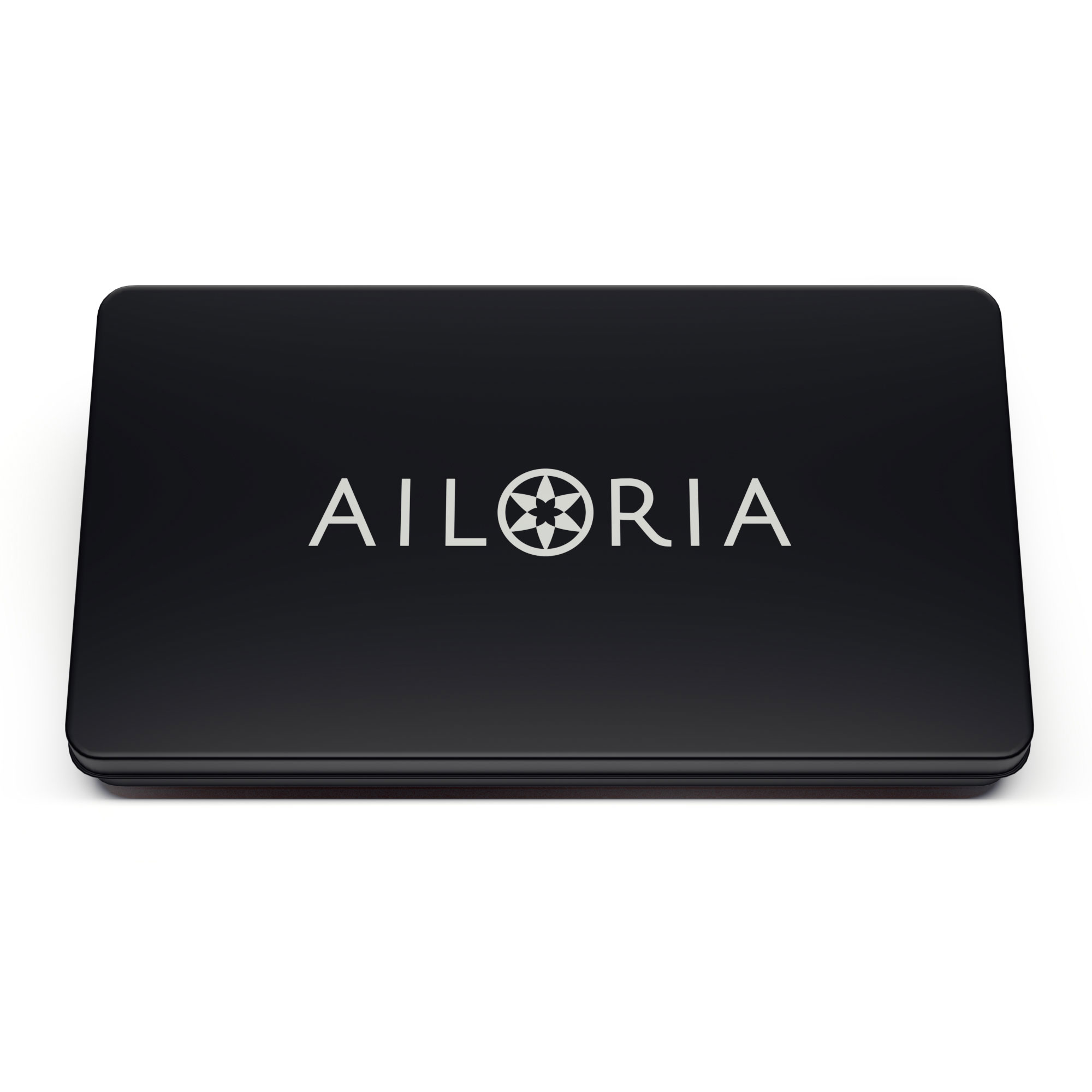 Eine schwarze rechteckige Box mit dem Wort AILORIA und einem Sternlogo, weißer Hintergrund.