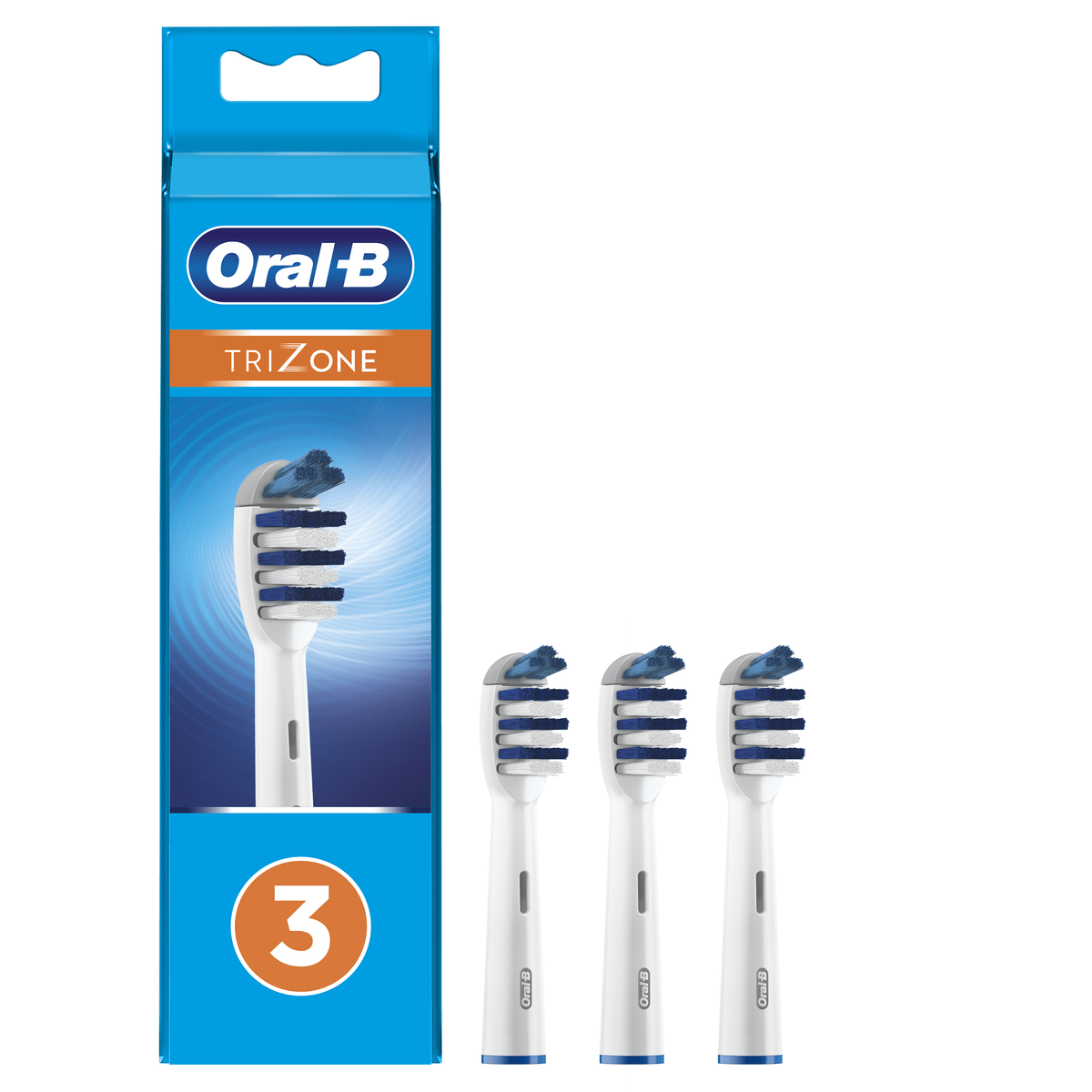 Una caja de cabezales de cepillo de dientes Oral-B TriZone, se ven tres cabezales.