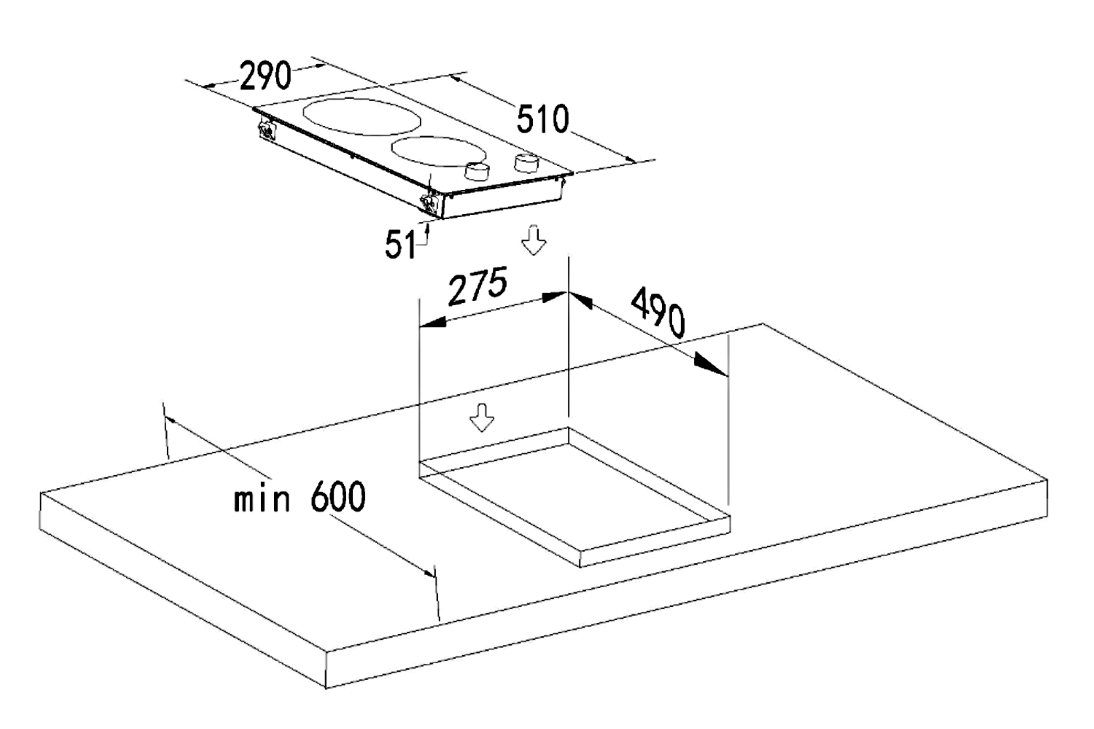 Diagram of a cooktop with dimensions for installation.