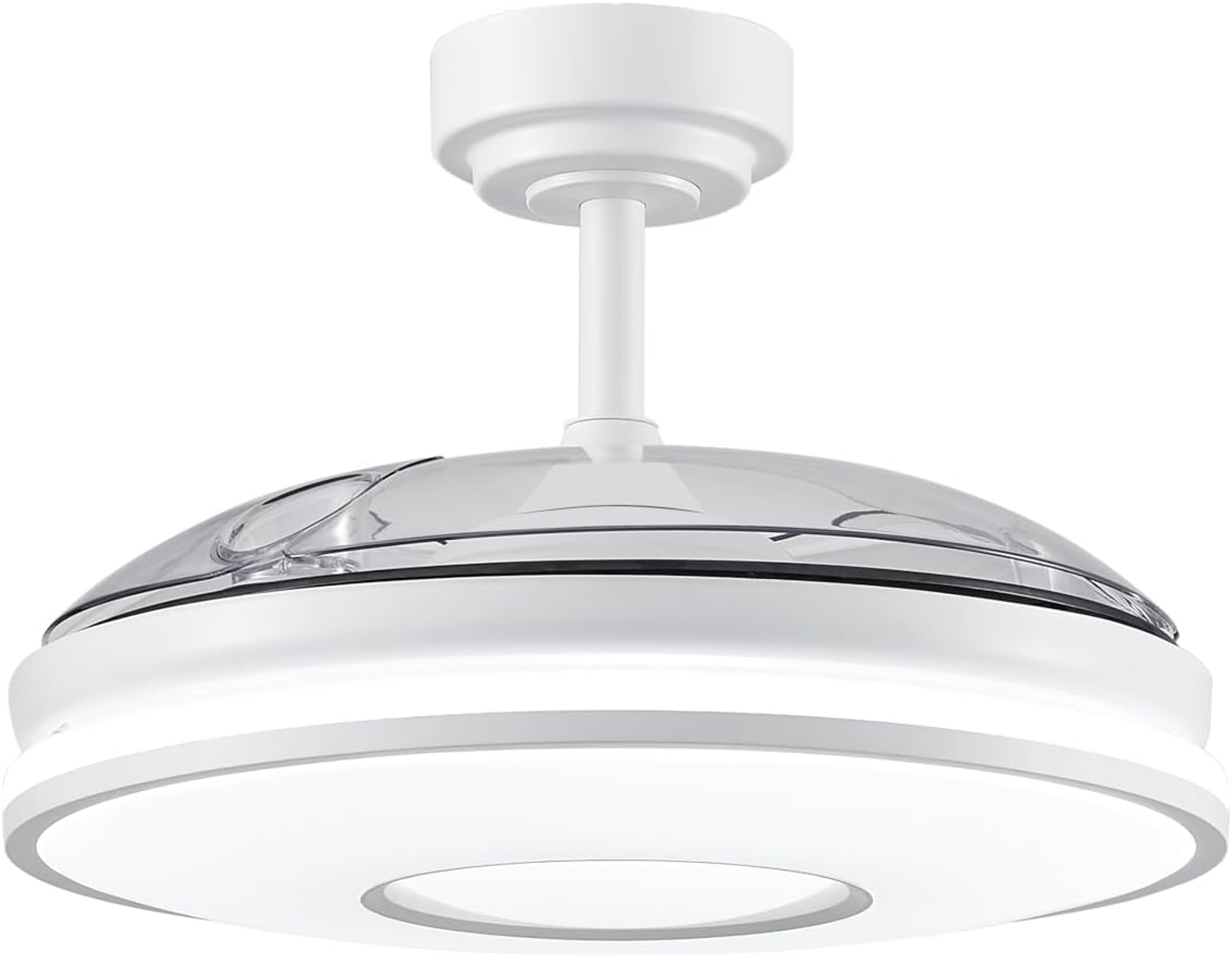 Ventilatore da soffitto bianco con luce circolare. Design moderno. Sfondo bianco. Vista dall'alto.