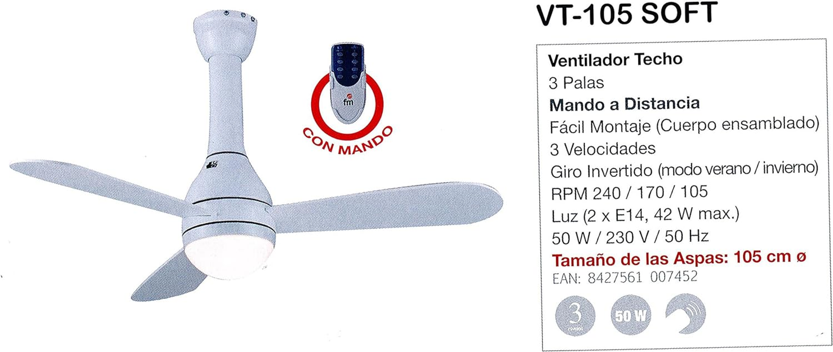 Ventilatore da soffitto bianco con tre pale, telecomando e dettagli del prodotto a destra.