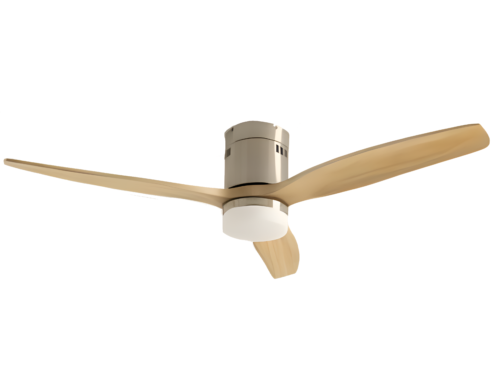 Ventilador de techo con tres aspas de madera y carcasa de motor plateada, aislado.