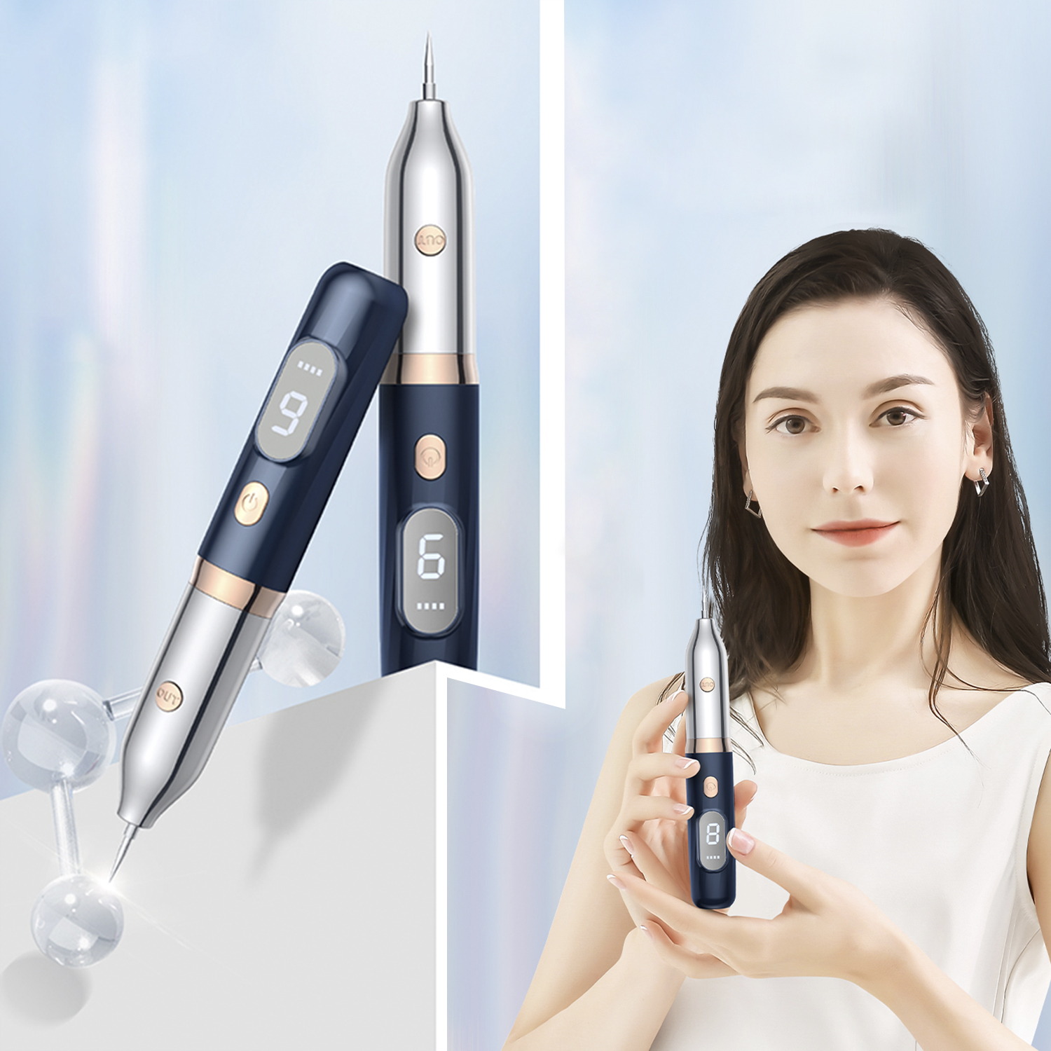Eine Frau hält ein blaues Gerät, neben einem Stift mit digitaler Anzeige und einem anderen.