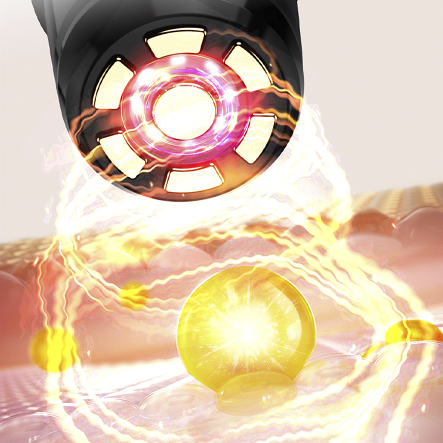 Primer plano de un dispositivo. Energía brillante alrededor de una bola amarilla sobre la piel. Detalles de la piel.